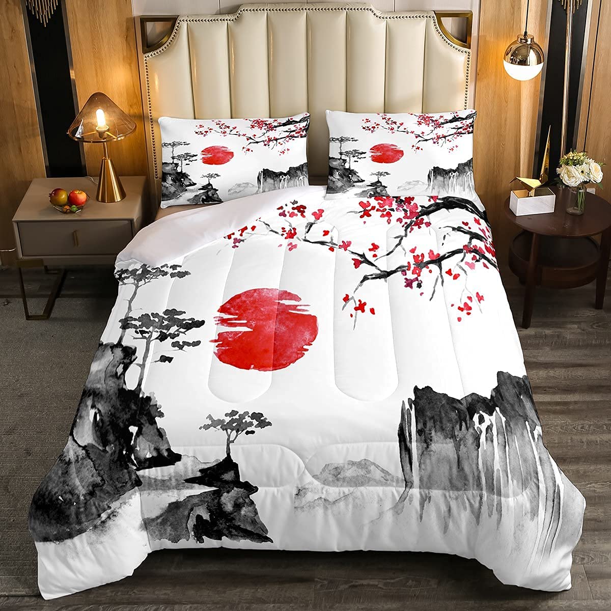 Loussiesd Japanische Ukiyoe Bettdecke 135x200cm Kirschblüten Rote Sonne Steppbett für Kinder Jungen Mädchen Tinte Japanischen Stil 4-Jahreszeiten Bettdecke Exotischer Stil Dekor mit 1 Kissenbezug