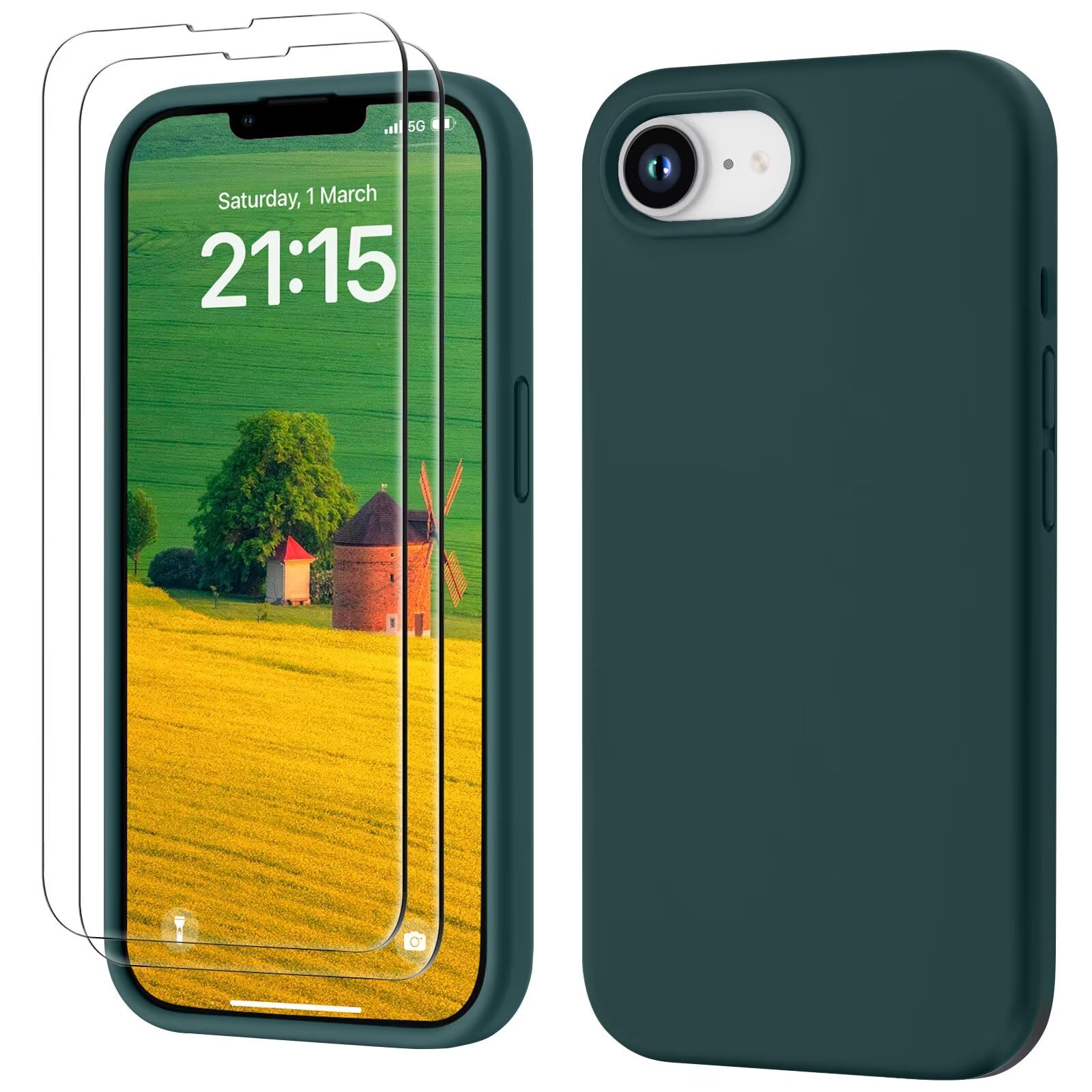 GOODVISH 3 in 1 Silicone Cover per iPhone 16e 6.1", Custodia con 2 Pellicola Vetro Temperato [Protezione Fotocamera] Protezione Anticaduta Case per Cellulare Antiurto Resistente, Verde Scuro