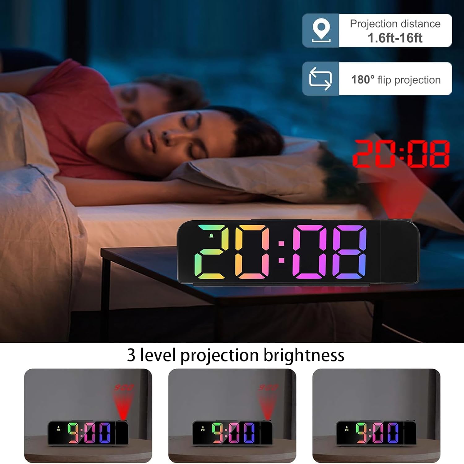 Radio-réveil numérique avec projecteur à 180°, réveil à projection pour