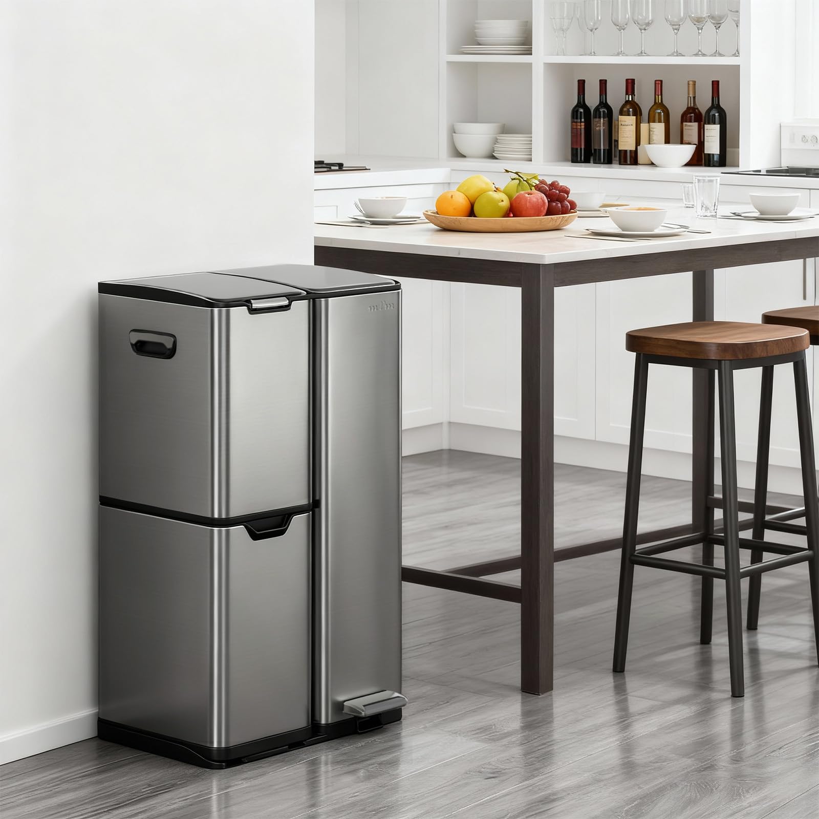 mVm Cubo de Basura Cocina de Acero Inoxidable, 3 Compartimentos 60L con Tapa de Cierre Suave, Contenedor Multifuncional para Separación de Residuos en Casa u Oficina, Gris