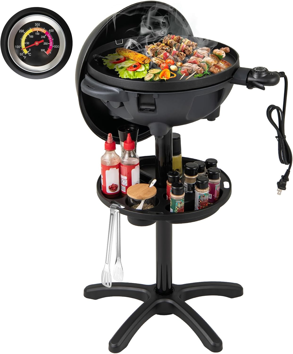 1200W Electric Grill Outdoor, 2-in-1 Freestanding & Tabletop BBQ Grill w/Thermometer, Nonstick Griddle, Lid & Drip Tray, Portable Camping Grill for Patio, Backyard, Party, Black