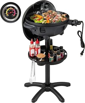 1200W Electric Grill Outdoor, 2-in-1 Freestanding & Tabletop BBQ Grill w/Thermometer, Nonstick Griddle, Lid & Drip Tray, Portable Camping Grill for Patio, Backyard, Party, Black