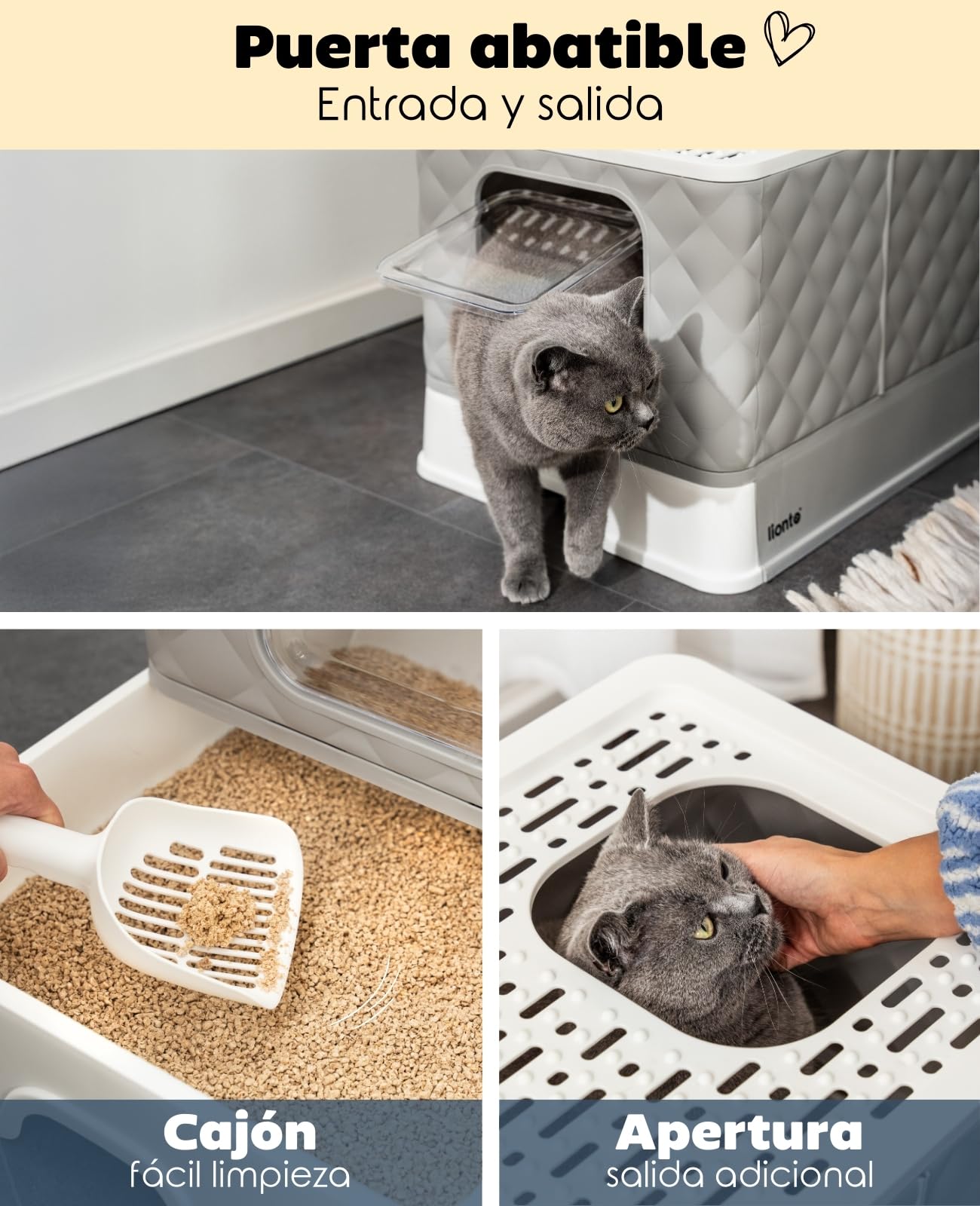 lionto Caja de Arena para Gatos con cajón y Pala, 50,5x40,8x37 cm, Caja de Arena con 2 Salidas y Base a Prueba de Fugas, para Gatos de hasta 15 kg, Plegable, Material PP Duradero, Blanco-Gris