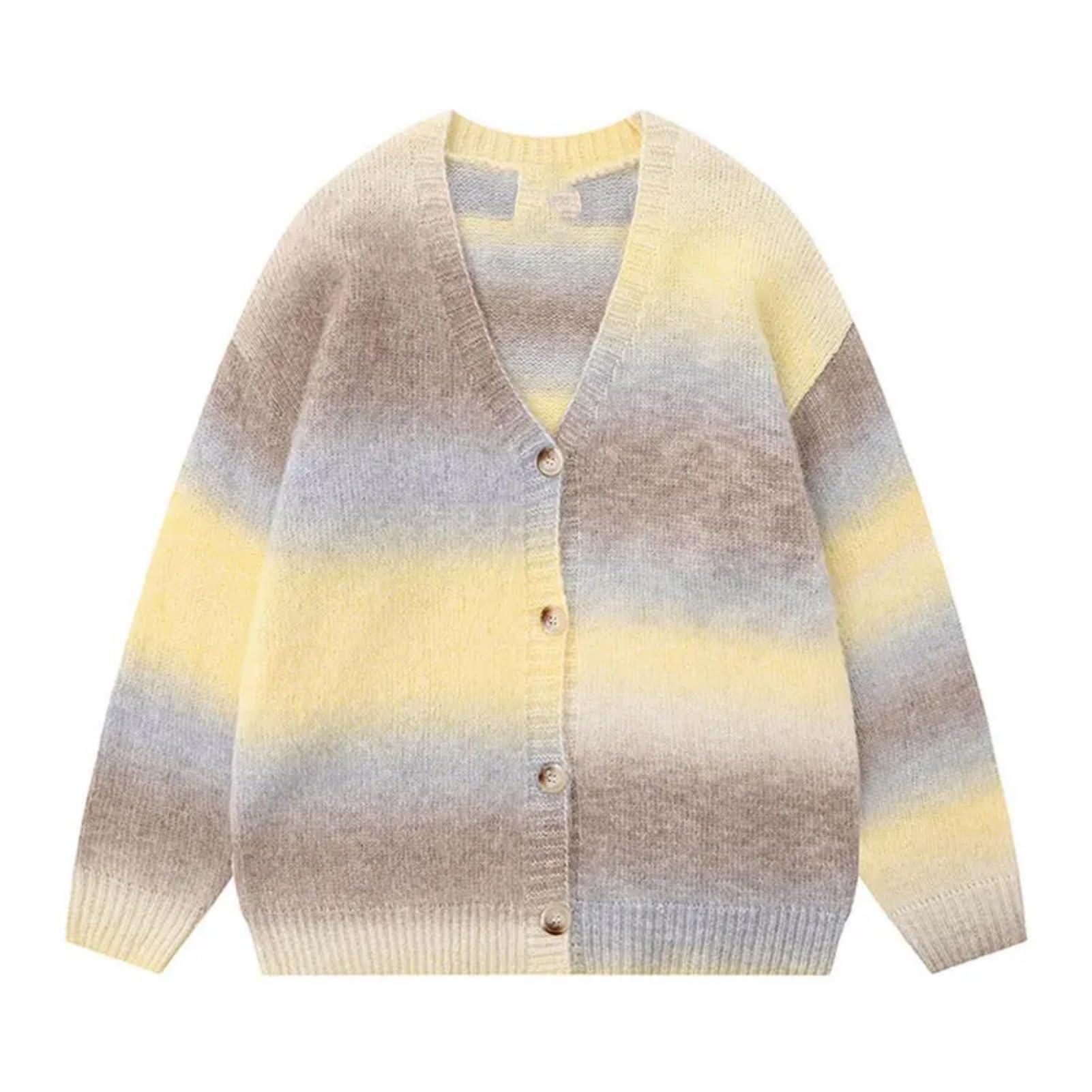 Retro Striped Knitted Sweater Unisex Autumn V-Neck Casual Commuting Tops Button Cardigan