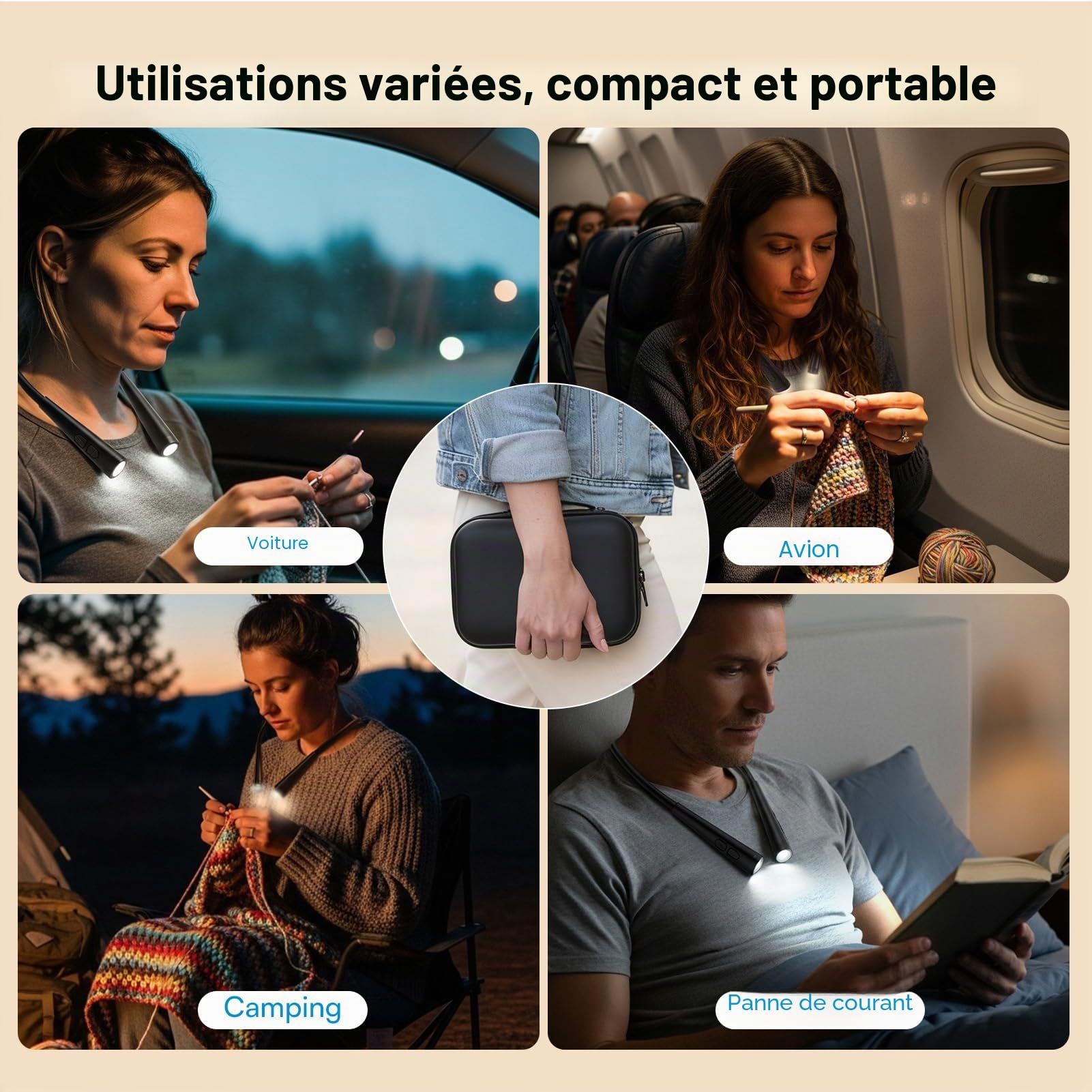 Caydo Lampe de Tricot, Lampe de Lecture de Cou Rechargeable avec Sac de Rangement, 4 Couleurs & 5 Niveaux de Luminosité, Liseuse Lampe pour Lire, Crocheter, Camping et Réparation