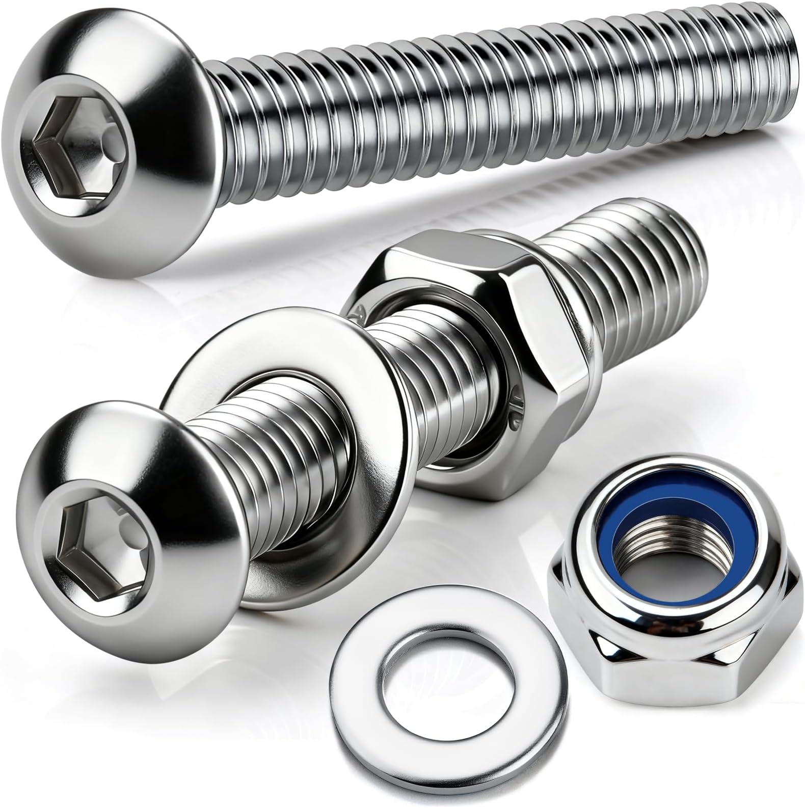 M5 x 30mm Button Head Bolts with Nyloc Nuts and Washers Pack of 15 Fully Threaded Socket 5mm A2 Stainless Steel Bolts and Nuts for Machine Fastener Silver