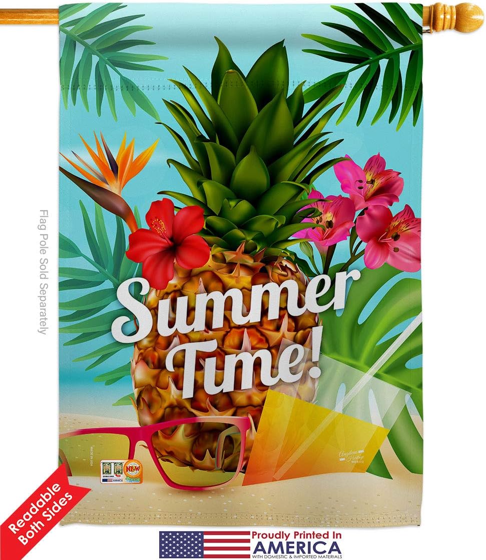 Summer Beach Time Garden House Flags Set Summertime Fun and Sun Pool Luau Tropical Party Season Outdoor Sunny Small Decorative Gift Yard Banner Double-Sided Made In USA 28 X 40