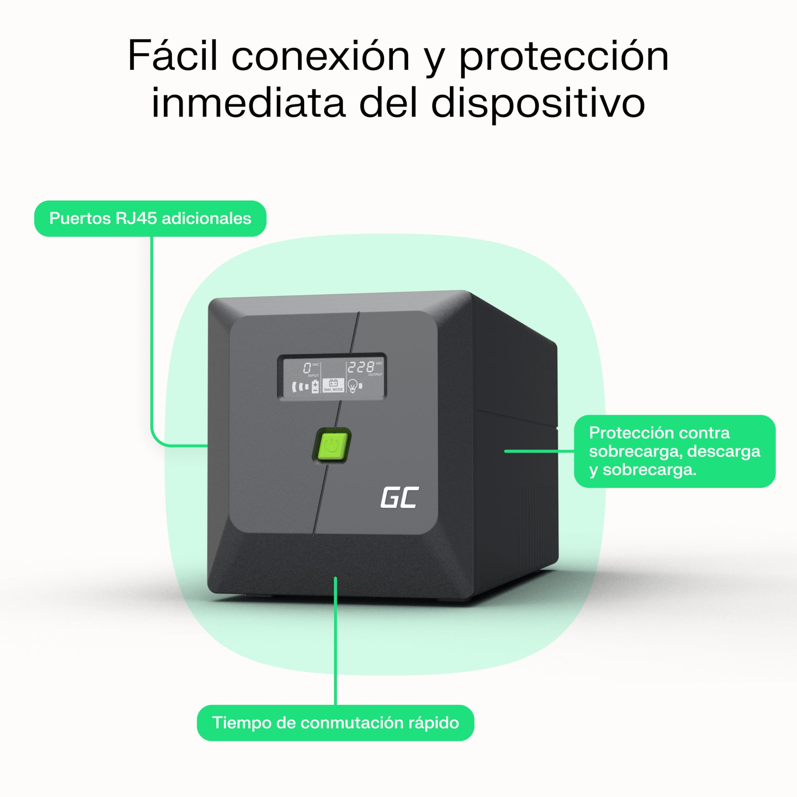 Green Cell UPS 2000 VA 1200 W PowerProof con Pantalla LCD – Onda Sinusoidal Modificada, Regulación de Corriente para Dispositivos, Prevención de Picos de Tensión, Alimentación de Emergencia.