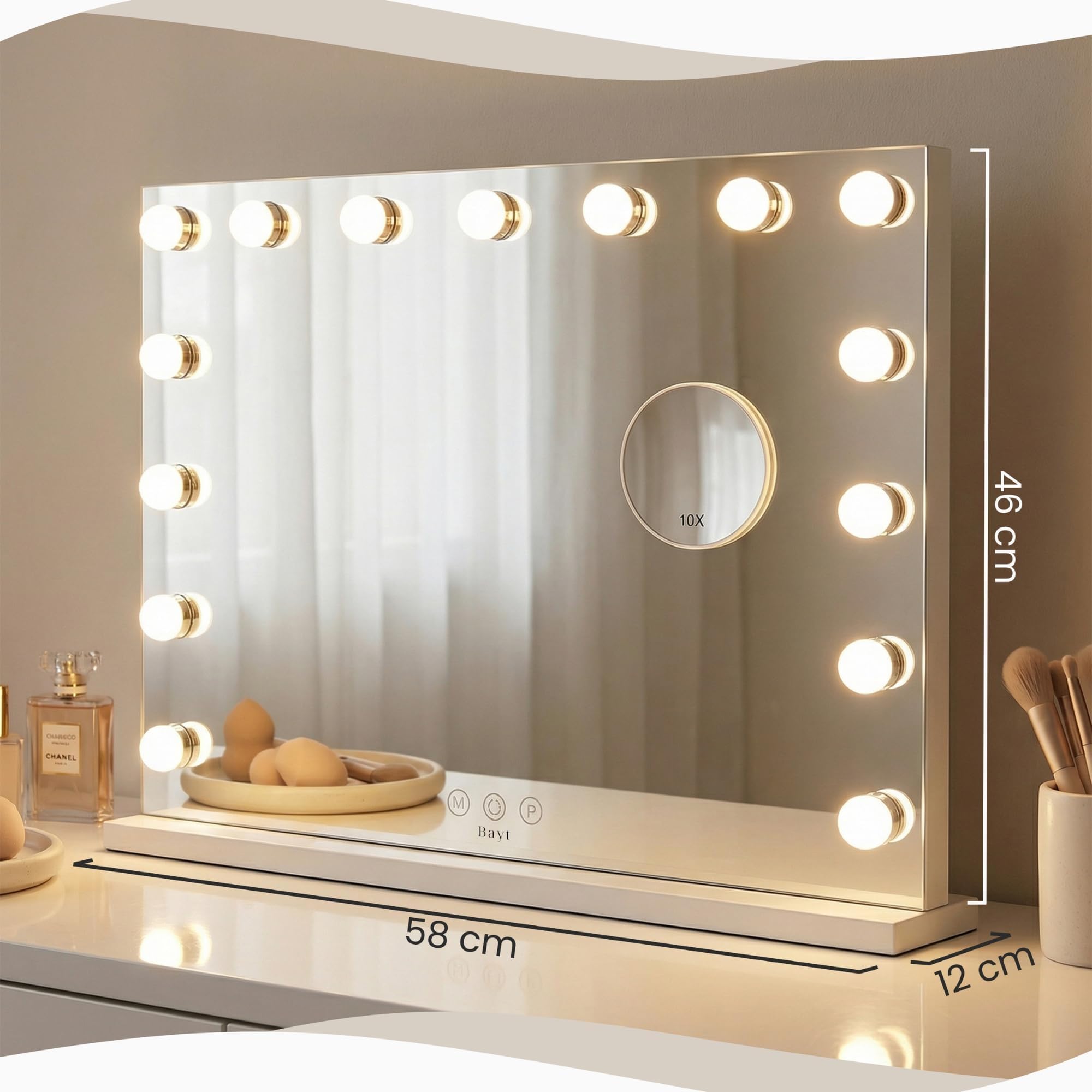 Bayt Specchio Hollywood con luci LED – Specchio Trucco Bianco 58x46 cm con 15 Lampadine Dimmerabili, 3 Tonalità di Luce (calda, fredda, naturale), Touch Screen & Specchietto Ingranditore 10x