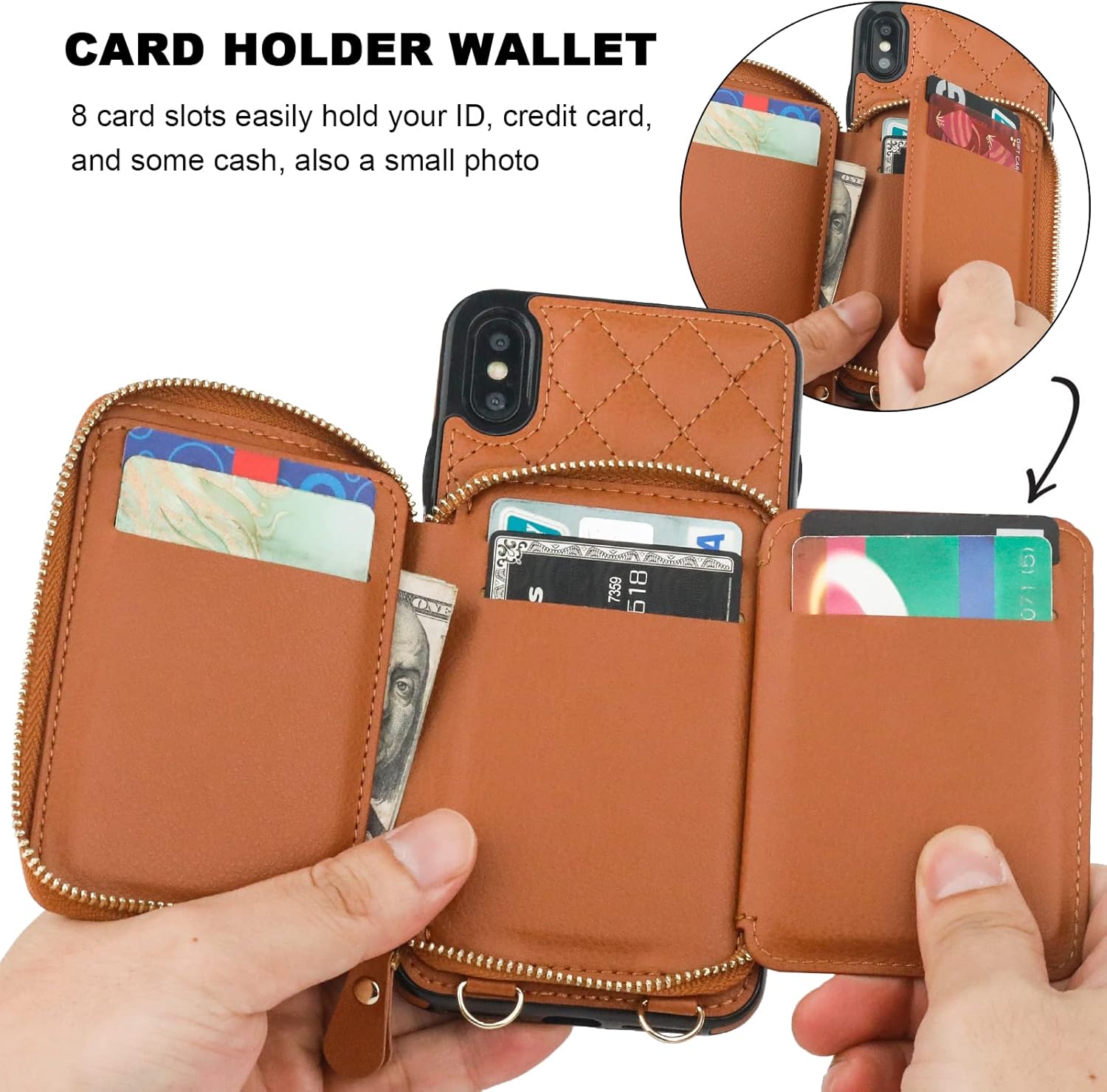 Bocasal Crossbody Wallet Case for iPhone Xs Max, RFID Blocking PU Leather Zipper Handbag Purse Flip Cover, Kickstand Folio Case with Card Slots Holder Wrist Strap Lanyard 6.5 Inch (Brown)