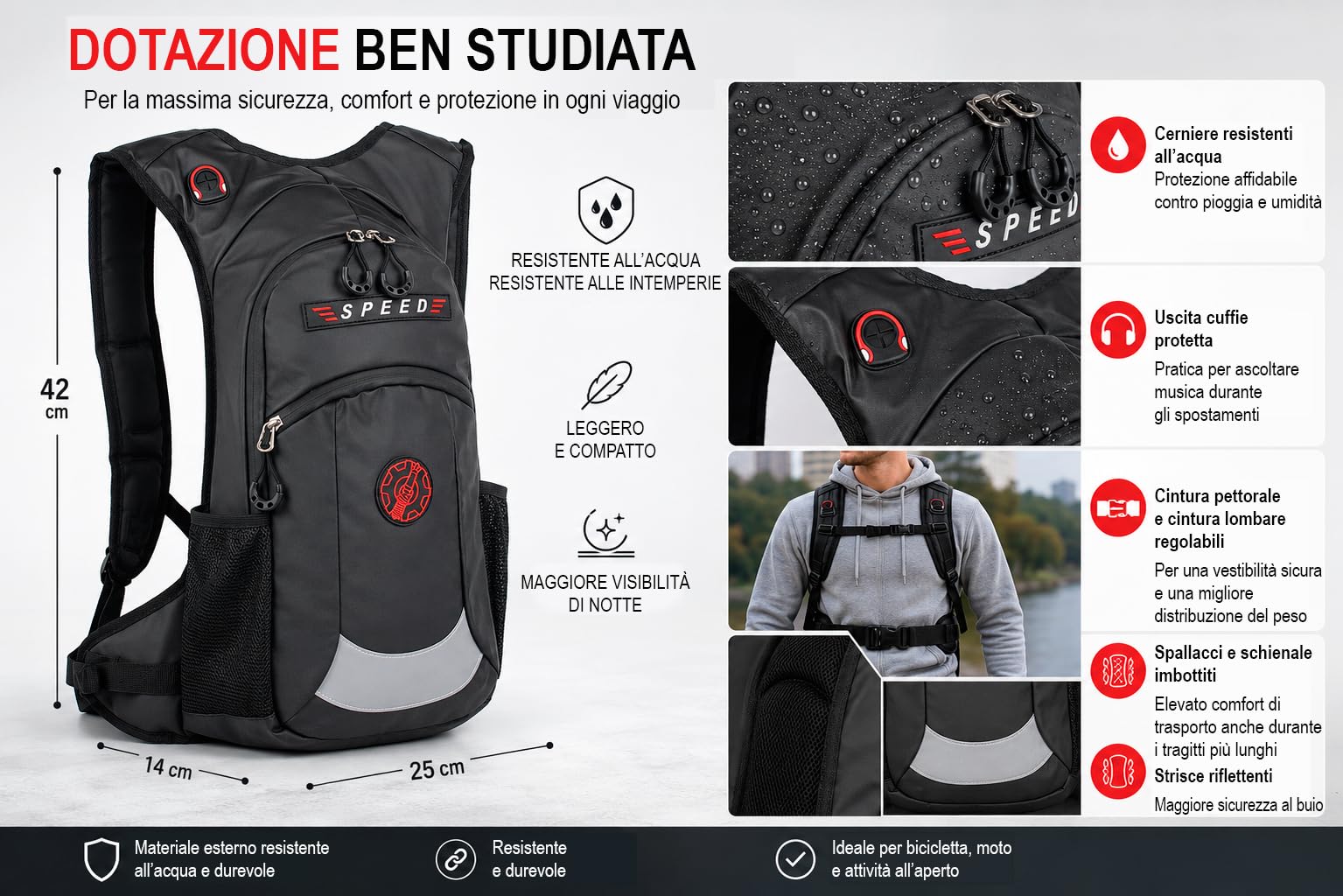 BAG STREET Zaino Impermeabile per Moto e Bicicletta – Zaino Ergonomico da Motociclista con Cintura Pettorale e Lombare, Nero