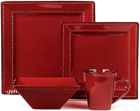 16 Piece Square Beaded Stoneware Dinnerware Set by Lorren Home Trends, Red