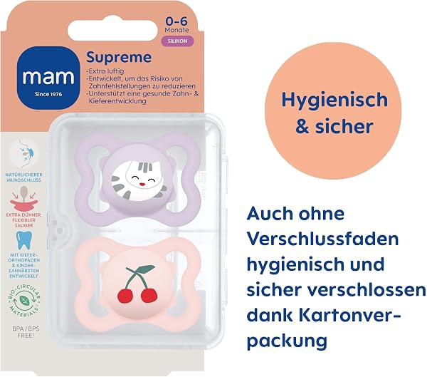 MAM Supreme Schnuller | 0-6 Monate | Babyschnuller beugt Zahnfehlstellungen vor | 94% Akzeptanz | Schnuller für Neugeborene | SkinSoft Silikon | Katze/Kirsche | 2 Stück - 2