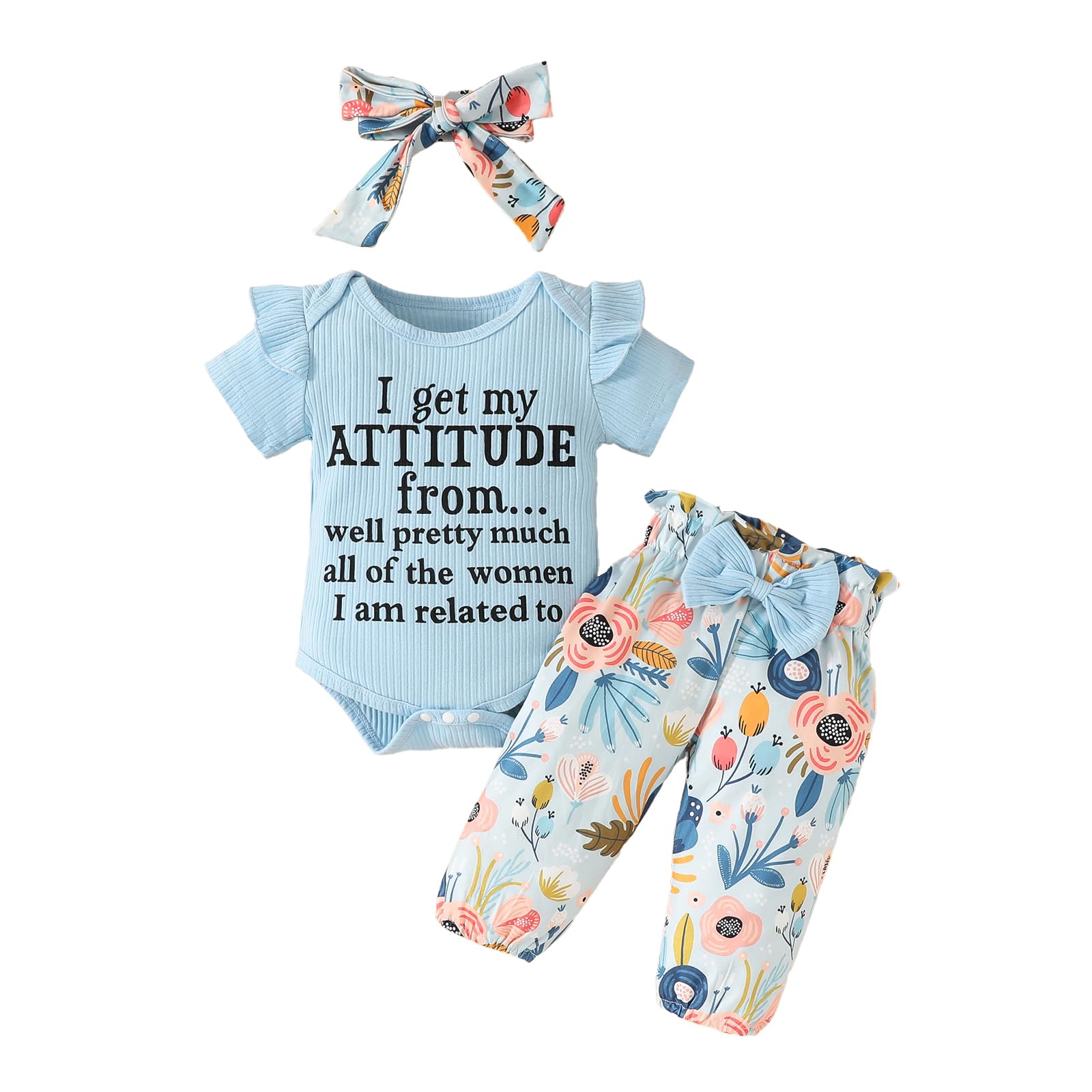 Rtnnsbbfcm Newborn Baby Girl Clothes Short Sleeve Letter Print Ribbed Romper Floral Pants Headband 3Pcs Clothing Set (Blue Floral, 9-12 Months)