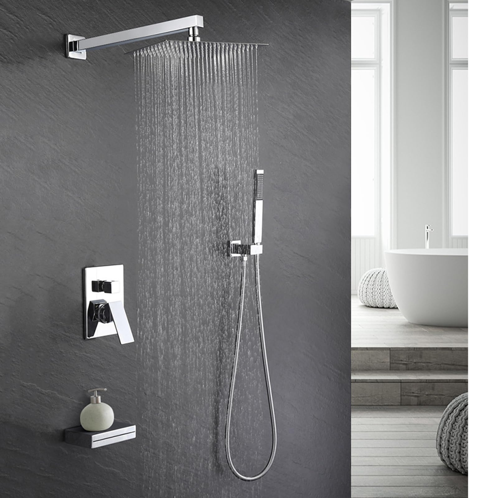 Système de douche dissimulé chrome avec pommeau pluie 10 pouces et mitigeur cascade