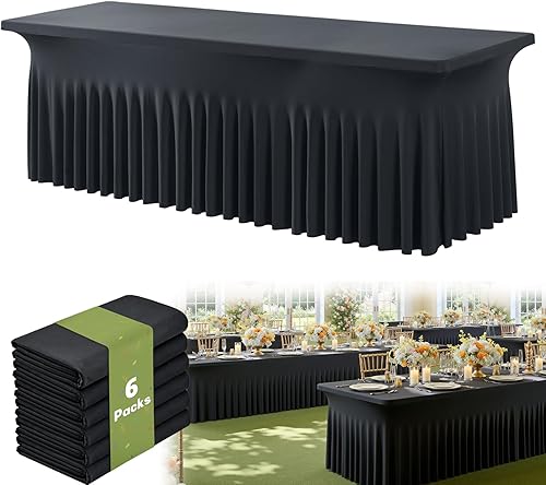 Vista 93 de Paquete de 2 manteles de elastano negro para mesas rectangulares de 6 pies, sin arrugas, elásticos, ajustables, falda de mesa elegante de 6 pies