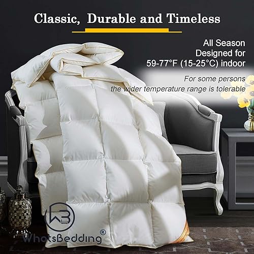 Miniatura 6 de WhatsBedding Edredón de plumas de ganso blanco hinchado de lujo, tamaño Queen, relleno de edredón de plumas para todas las estaciones, colección de