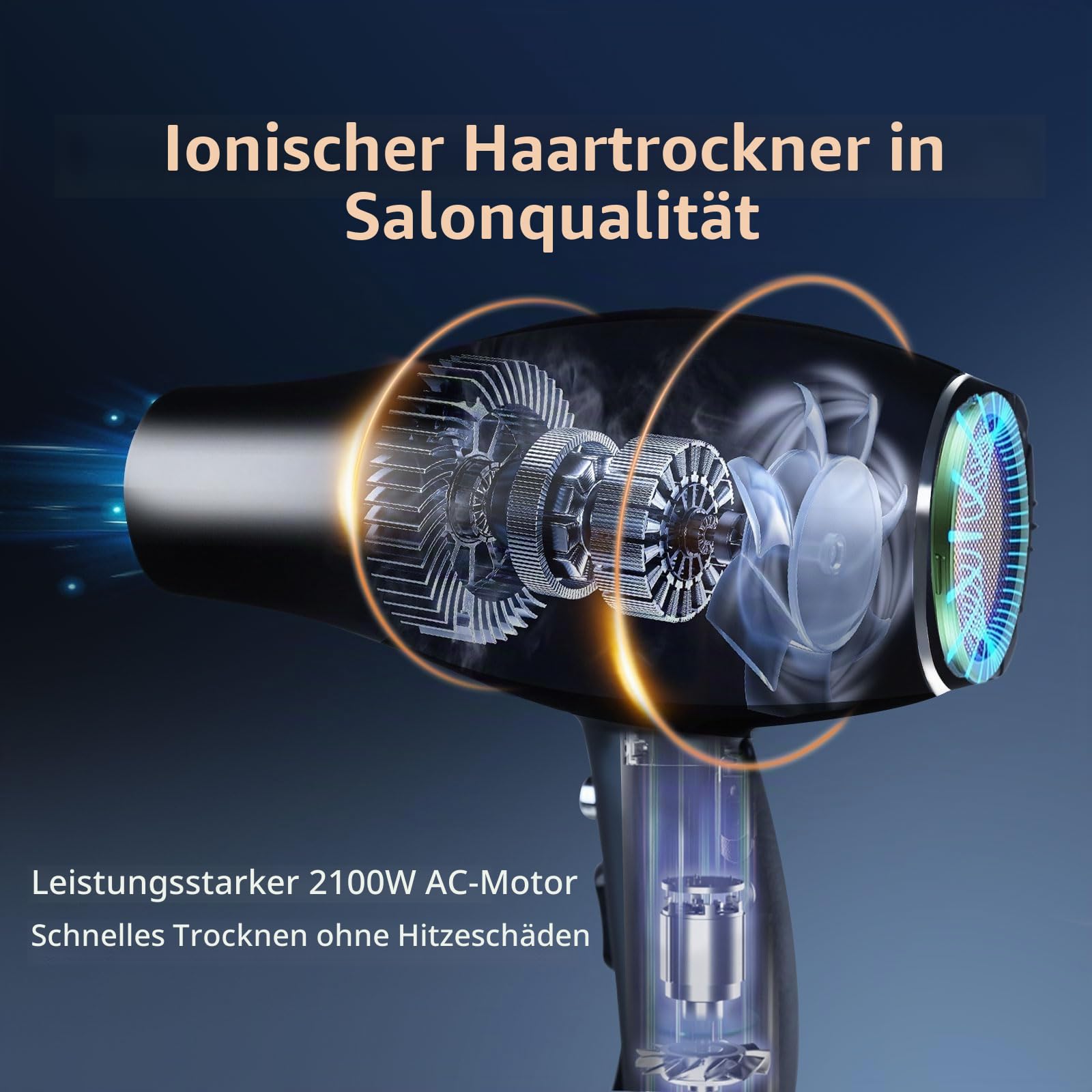 Föhn Ionen Fön Schnelles Trocknen Salon 2100W professioneller Haartrockner 2 Geschwindigkeit 3 Wärmeeinstellungen 2 Konzentrator 4 Kämmen 1 Diffusor Familie Salon Lockenföhn mit Kalttaste (Schwarz)