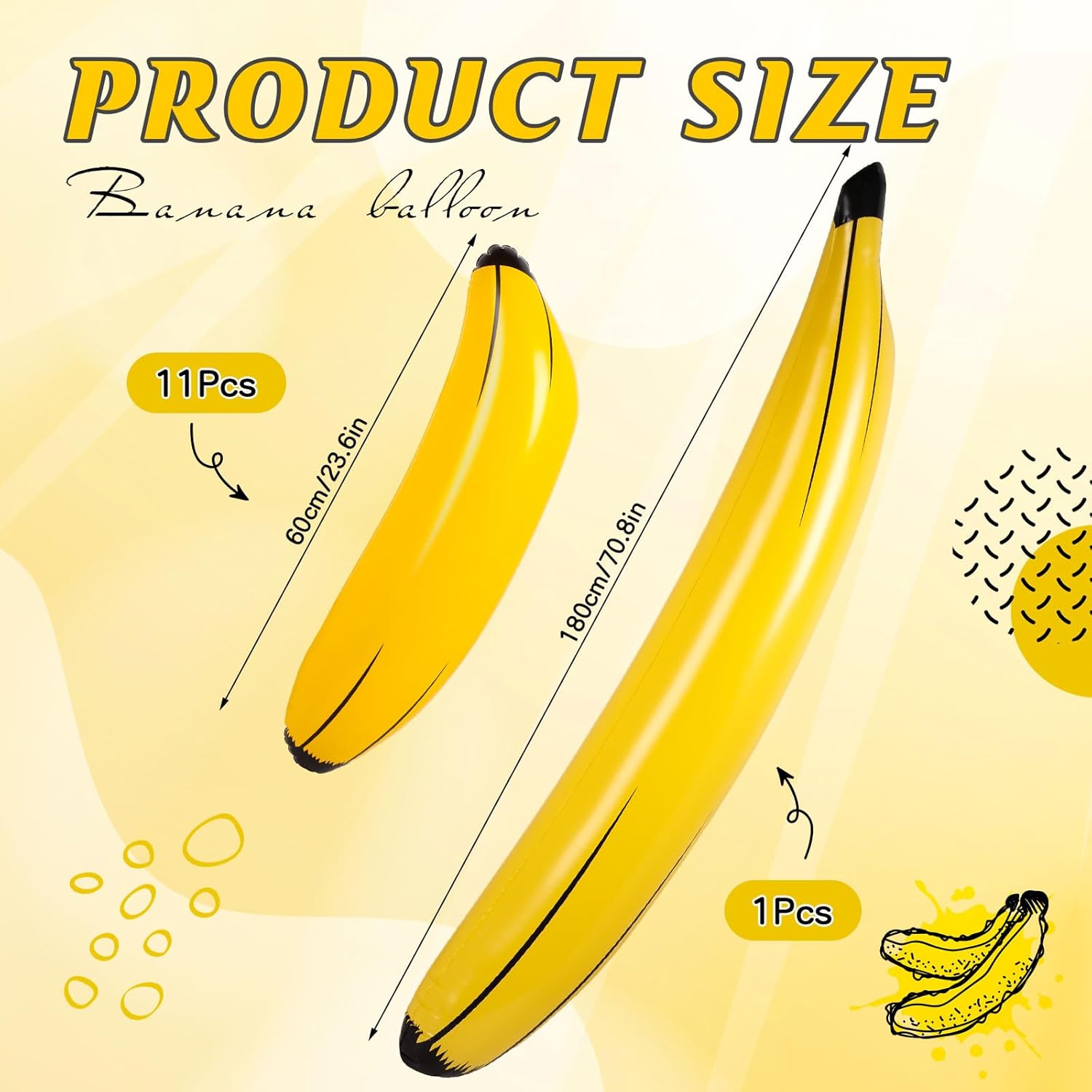 Simgoing 12 Pcs Inflatable Bananas Props Balloons Include 23 Inch Banana x 11, 70 Inch Banana x 1, Bachelorette Party Decoration Plastic Bananas for Swimming Pool Party Favors Supplies