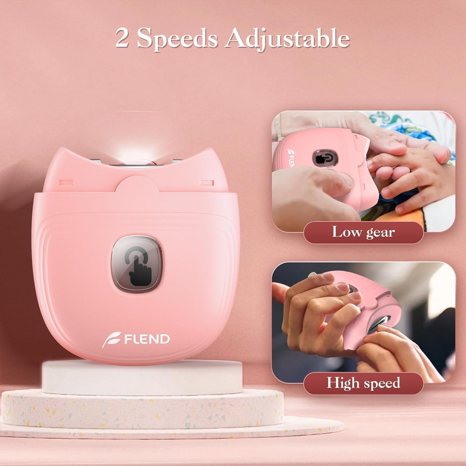 Bubbacare Automatic Electric Nail Clipper showing two speed settings: low gear and high speed.