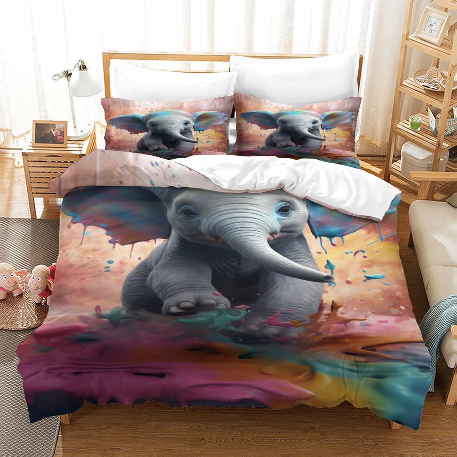 Housse de couette 3D éléphant et fourmis en microfibre parure de lit 140x200cm