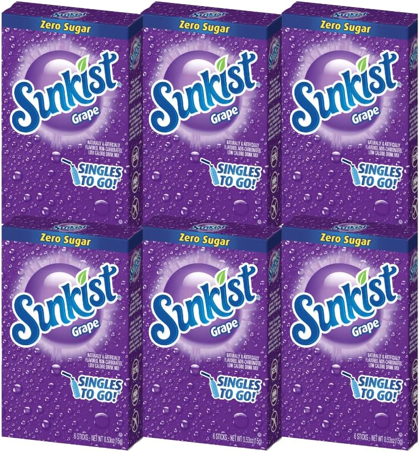 Sunkist Singles-To-Go Drink Mix, Grape, Non-Carbonated, Low-Calorie, Zero Sugar, 6 CT in each box (Pack of 6)