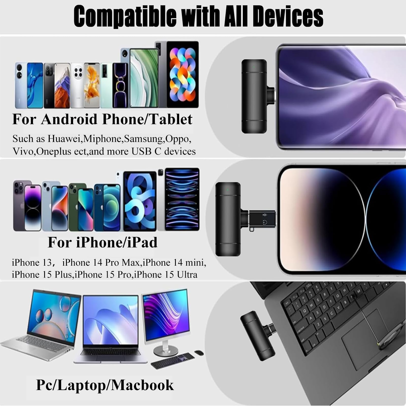 2 micrófonos Lavalier inalámbricos 3 en 1 para iPhone, iPad, USB C, Android, portátil, con funda de carga, micrófono de solapa con clip, mini micrófono inalámbrico para grabación de video, vlogging