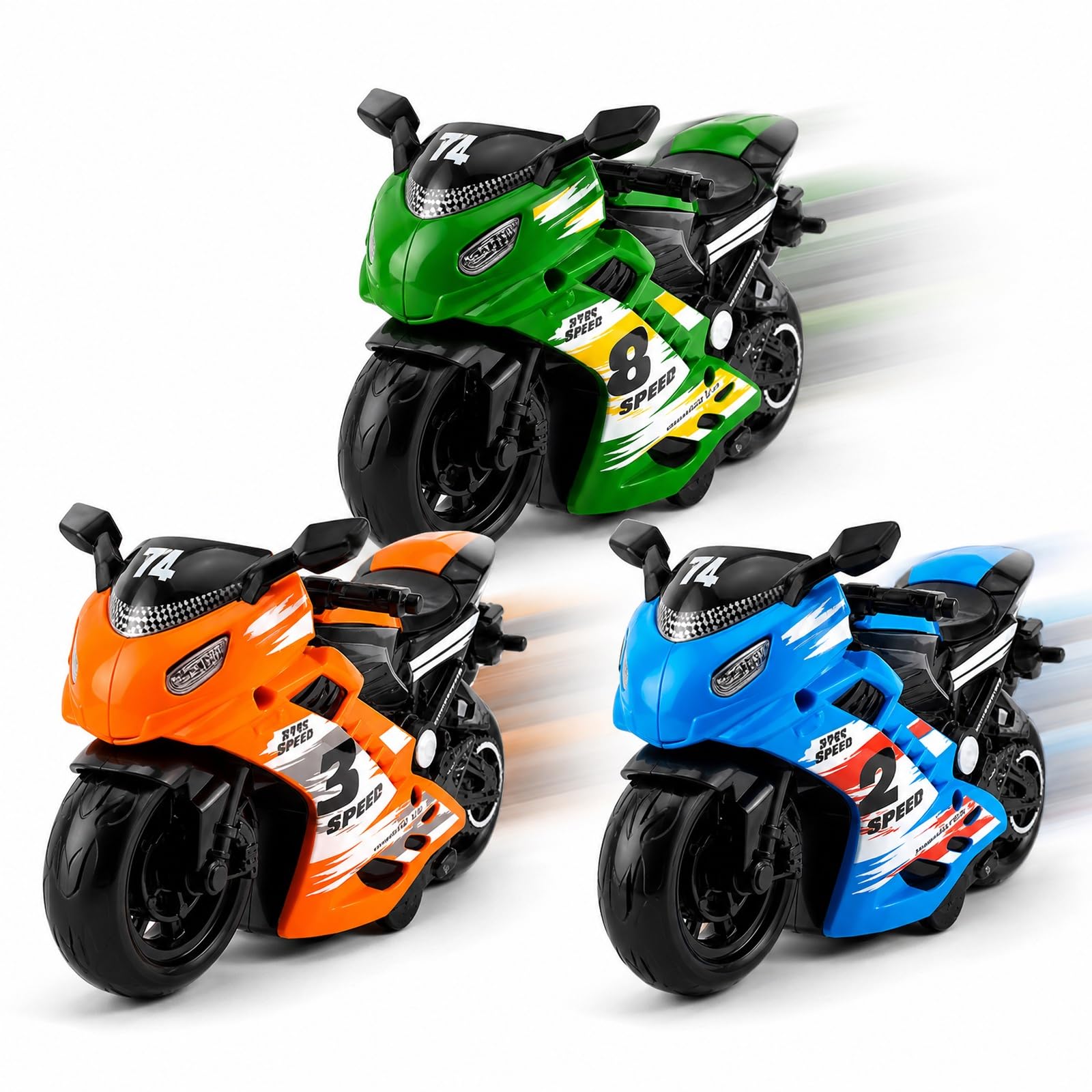 dienjason 3PCS Motorbike Model, Pull Back Motorbike Set, Orange Blue Green Colour Collection, Display Decoration for Collectors