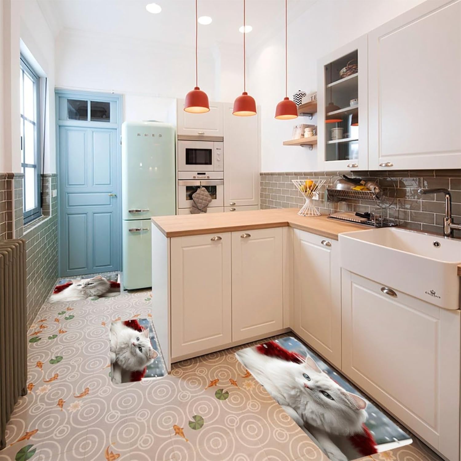 Cute White Cat Kitchen Rugs Sets of 3 Non Slip Kitchen Mats for Floor Farmhouse Kitchen Sink Mat Thick Comfort Standing Mat for Laundry Room Hallway Bathroom