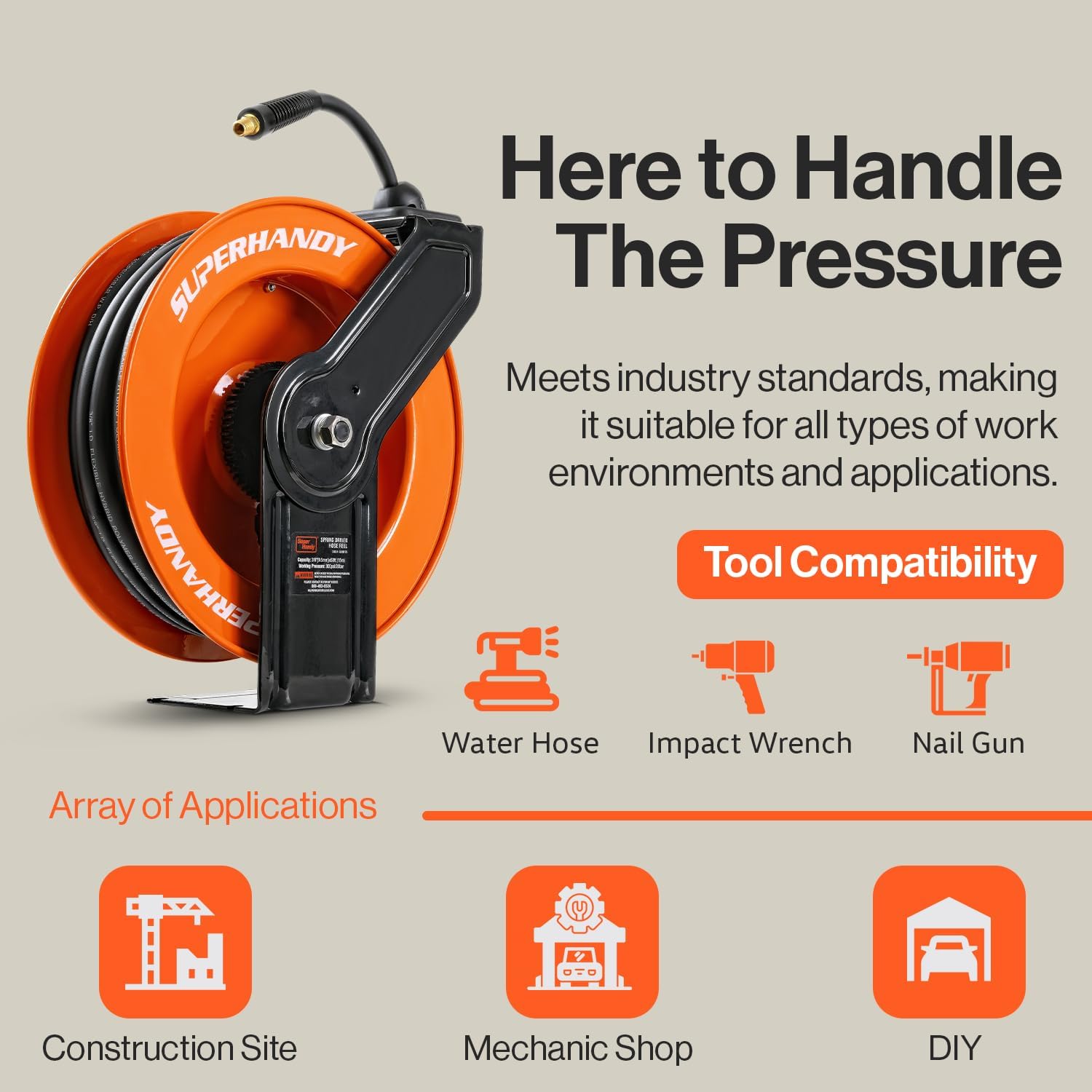 SuperHandy Air Hose Reel Retractable Industrial 3/8" Inch x 50' Feet Long Premium Commercial Flex Hybrid Polymer Hose Spring Driven Steel Construction Ultra Heavy Duty