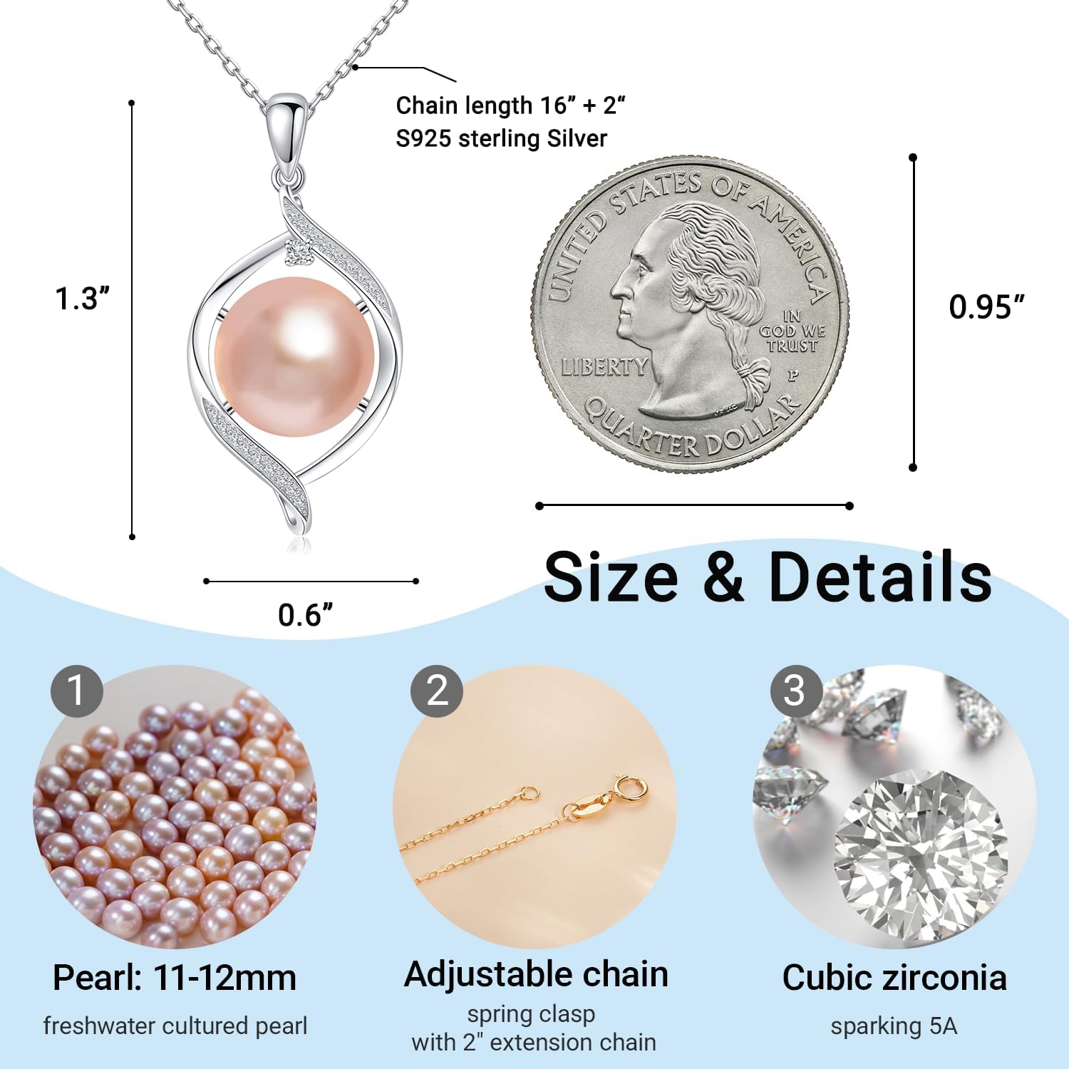 11-12mm Pearl Pendant Necklace White/Pink/Purple Freshwater Cultured Pearl Jewelry Pendant Women's Gold-Plated & Sterling Silver Necklace an Elegant Gift for Wife or Mom Birthday, Anniversary, Christmas