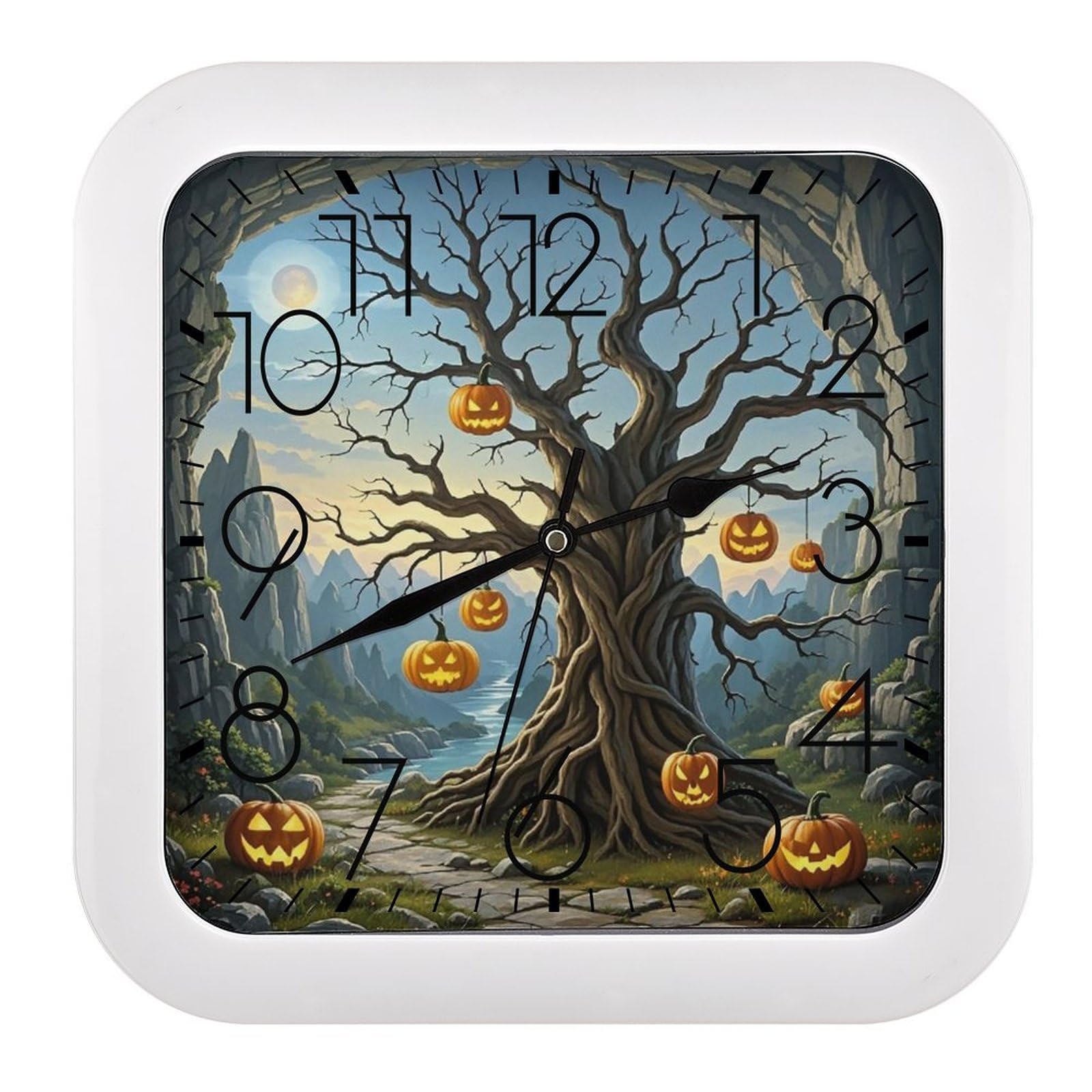LZQPOEAS Dried Tree Pumpkin Lantern Wall Clock Fashionable Versatile Silent Wall Clock Simple Elegant Non Ticking Analog Clocks Easy to Install Square Modern Clocks for Home Decoration