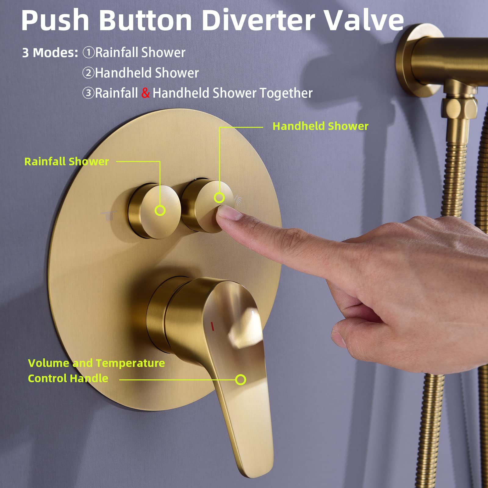 TRUSTMI 12 Inch Shower System with Pressure Balanced Valve Luxury Ceiling Mounted Rainfall and Handheld Shower Head Set Push Button Diverter, Brushed Brass Gold (Rough-In Valve and Trim Kit Include)