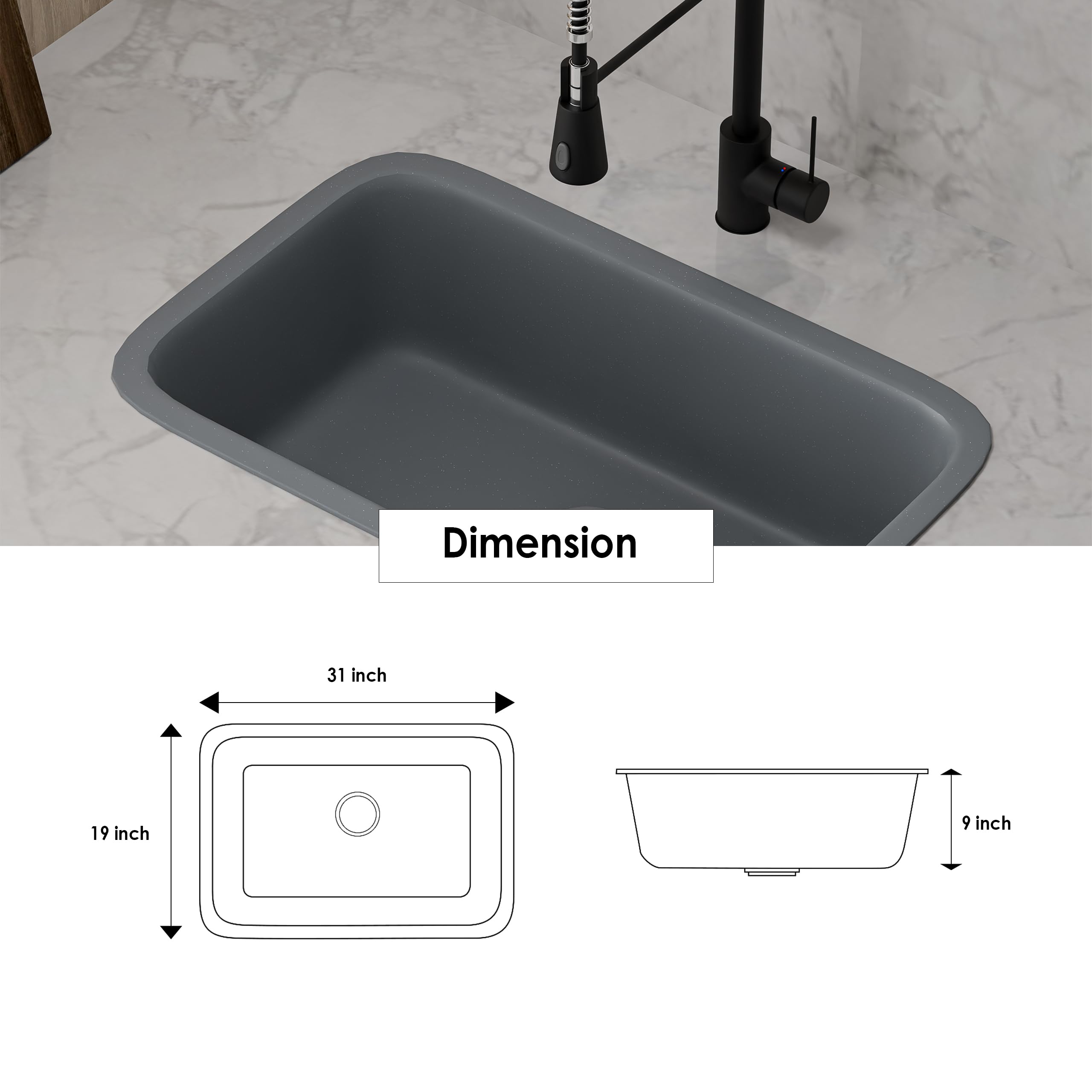 HISRE Quartz Single Bowl Kitchen Sink with Round Corners | 31x19x10 Inches | Noise Reducing Durable Easy to Clean Scratch Resistant Kitchen Sink for Modern Homes | Gray, photo 5 of 5
