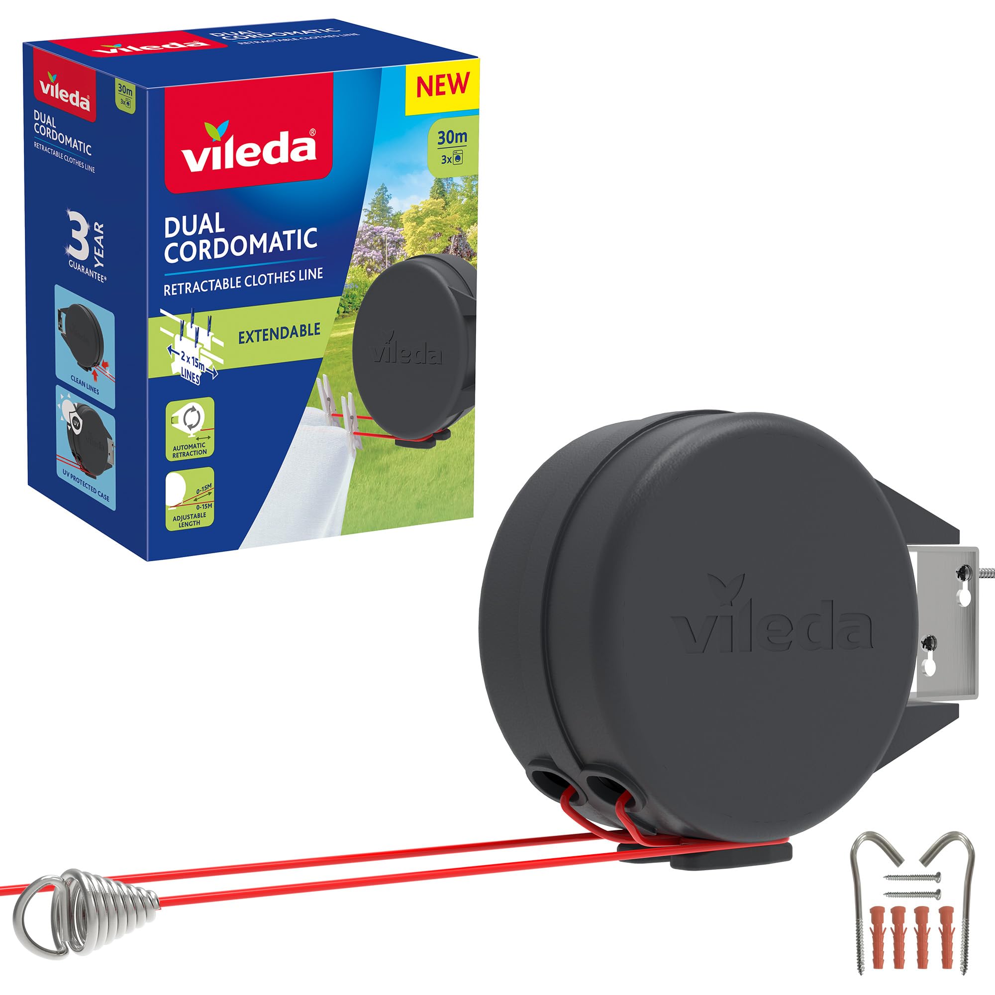 Vileda Cordomatic Retractable Washing line 15m | 1 x 15m clothes line holds up to 15kg | Extendable Clothes Line | Automatic retraction | Strong and durable | Wall Mounted for Indoor & Outdoor Use — view 8