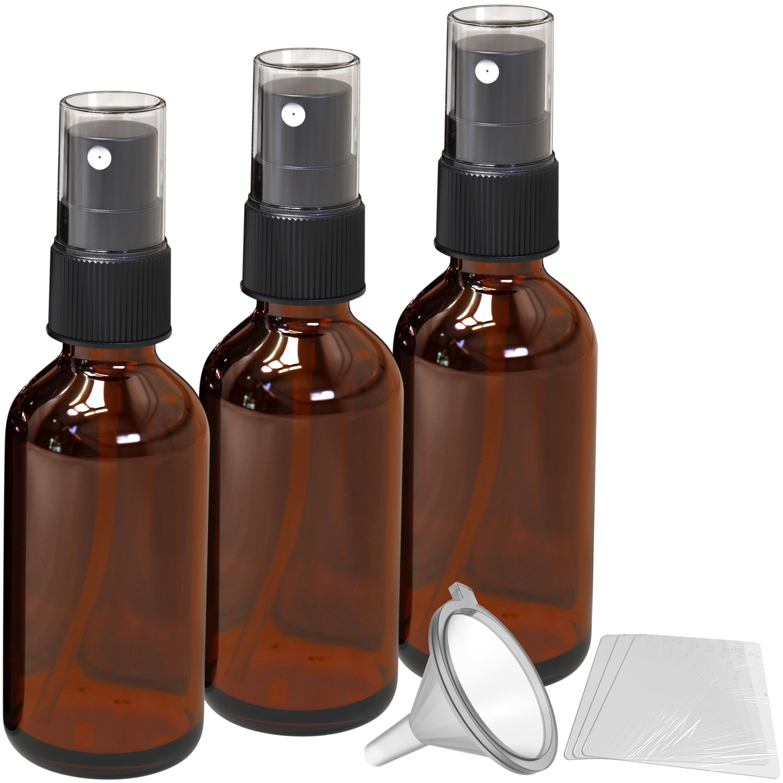Nevlers 3 Pack Amber Glass Spray Bottles 2 Oz Set | Amber Spray Bottles with Shrink Wrap and Funnel | Leakproof Mister Bottle for Hair, Body, Fragrance, Hand Sanitizer & More
