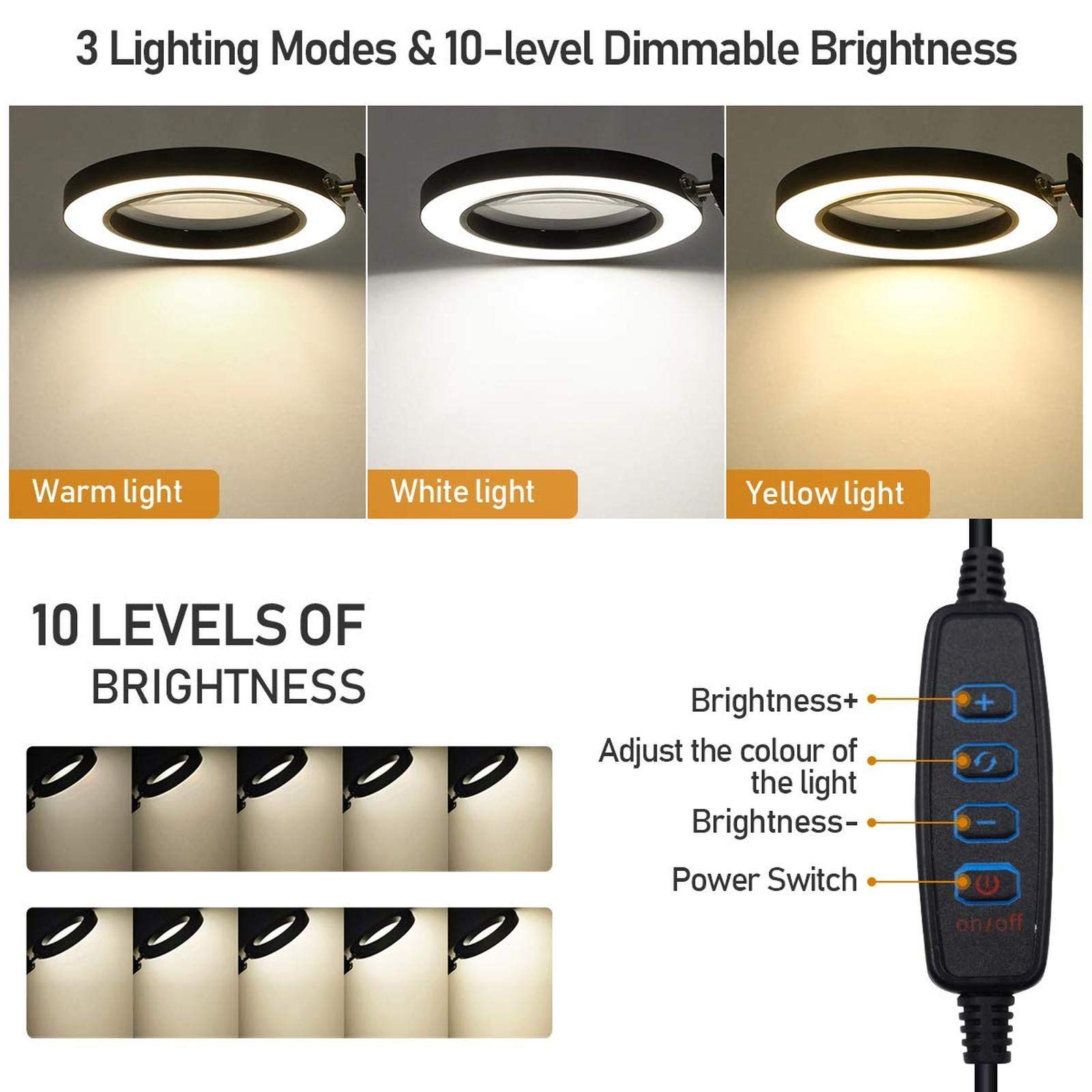 Lupa LED Lampa biurkowa powiększająca 5X Lupa 10 poziomów jasności Możliwość przyciemniania 3 kolory Metal Czarny Keep it in mind
