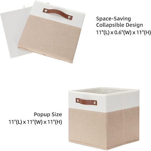 Miniatura 2 de HNZIGE Cestas de almacenamiento de tela, cubos para estantes, 11 x 11 pulgadas, canastas de almacenamiento plegables con asas de cuero para