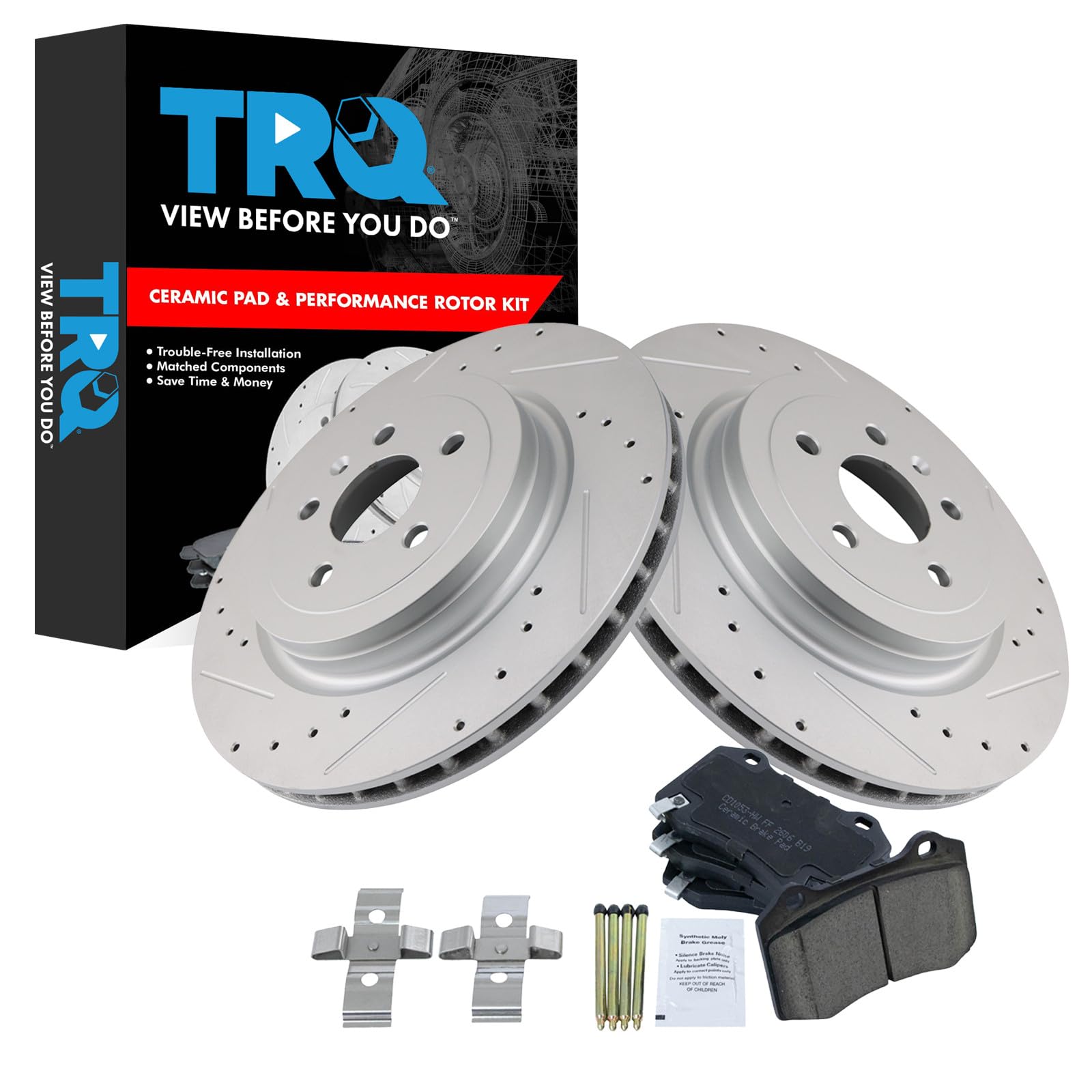 TRQ Performance Rear Brake Pad and Rotor Set Ceramic G Coated Slotted Drilled Compatible with 2012-2015 Tesla S