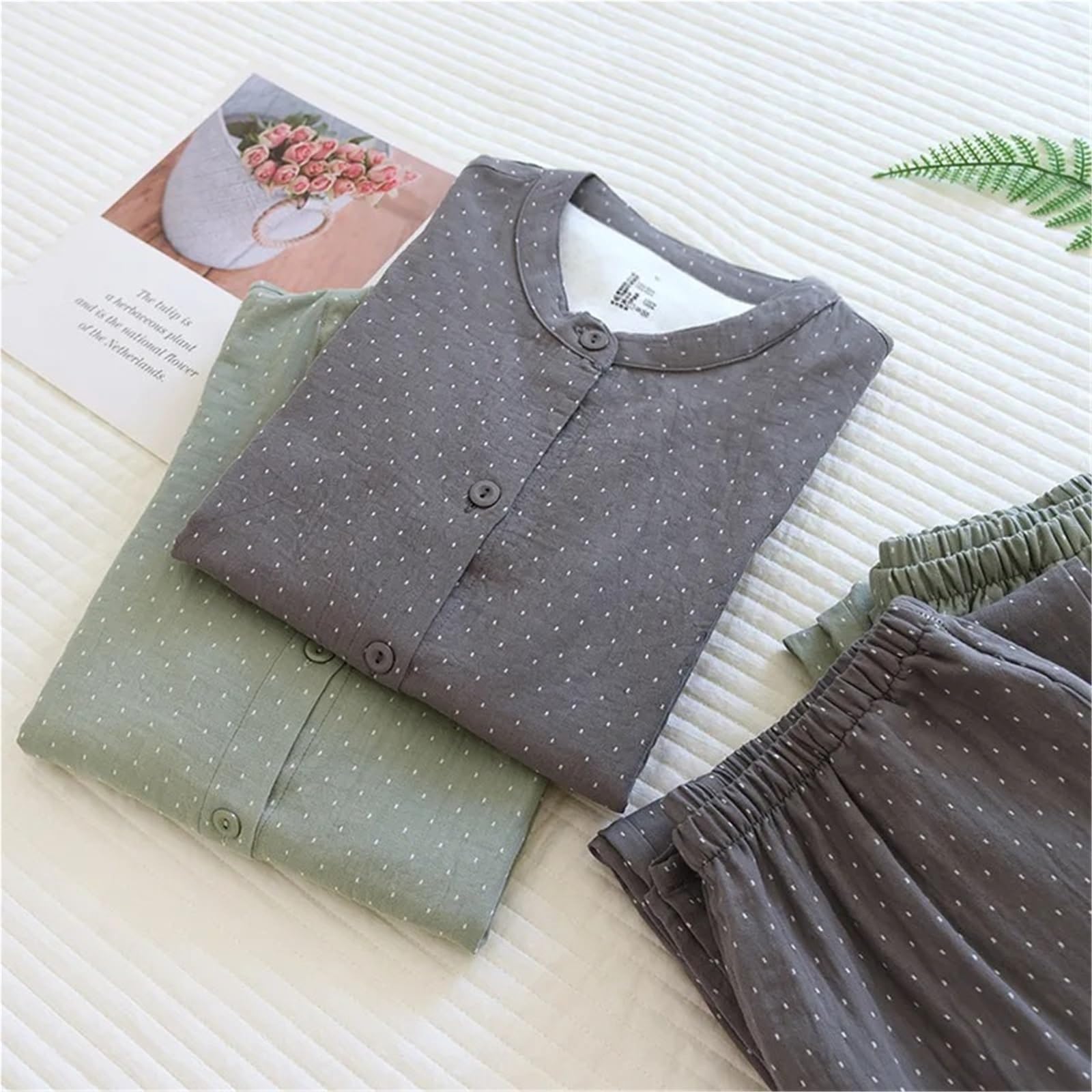 Conjuntos de Pijama Lunares algodón for Mujer, Pantalones Manga Larga Gasa teñida con Hilo, Ropa Dormir Informal Sencilla, Cuello Redondo para Descanso en casa