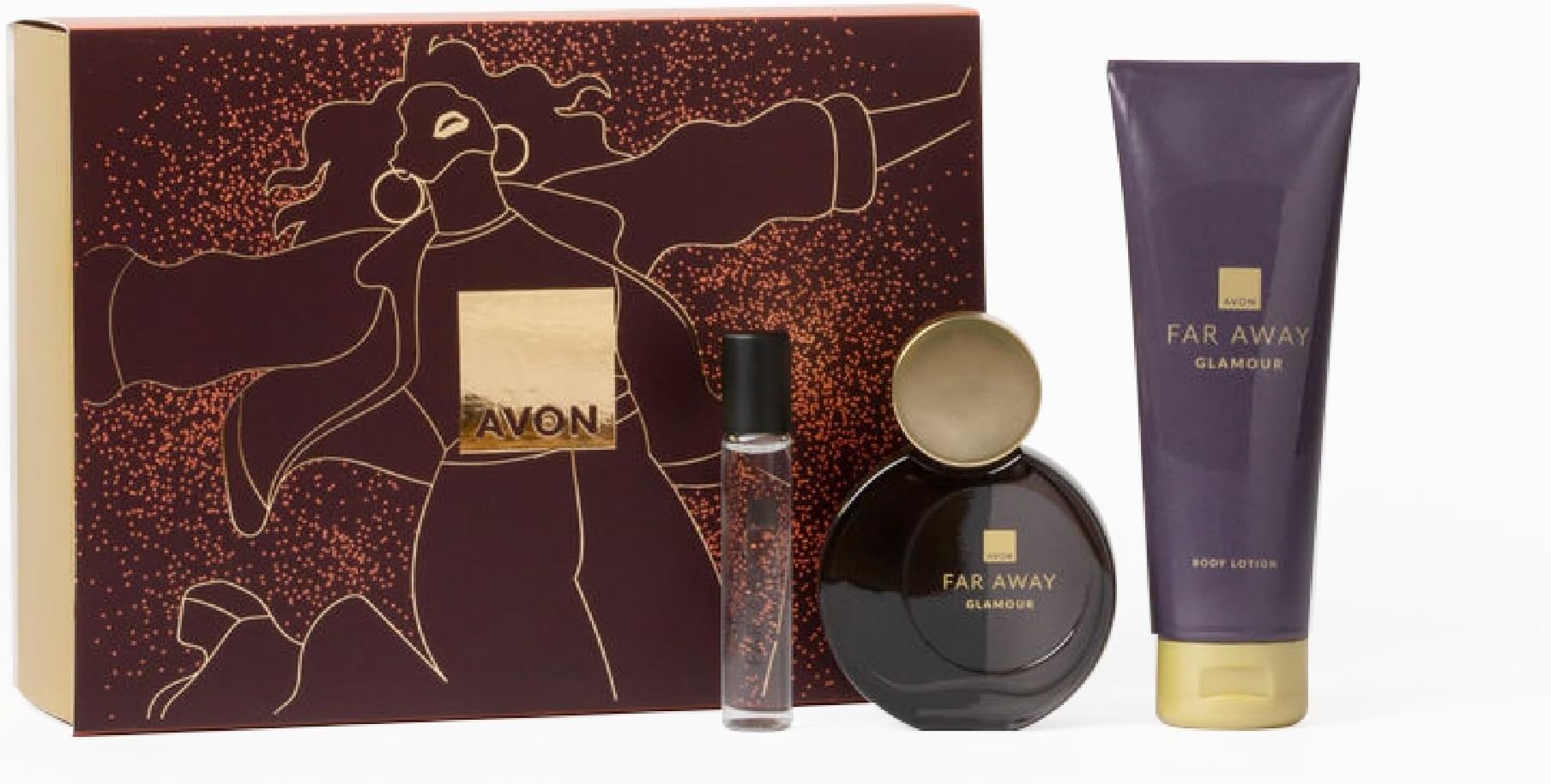 Far Away Glamour for Her Three Piece Gift Set with Eau de Parfum 50ml, Body Lotion 125ml and Purse Spray 10ml in a Gift Box, Oriental and Woody Scent Notes, Long Lasting Formula, Cruelty Free
