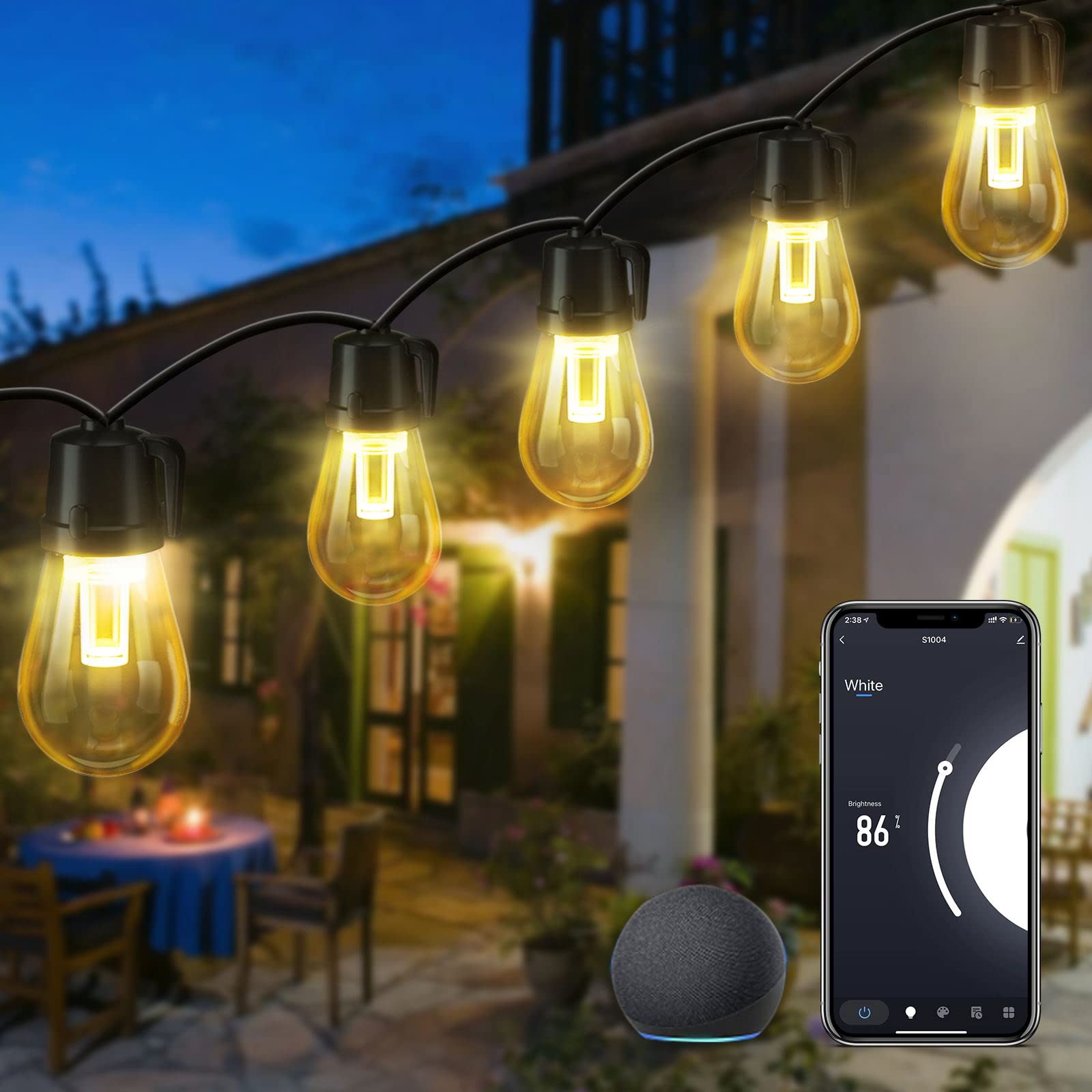 Smart LED Outdoor String Lights, ASAHOM 48FT Shatterproof Dimmable Patio String Lights 15 LED Bulbs WiFi APP & Voice Control, Waterproof Connectable Christmas String Lights for Outside Party Wedding