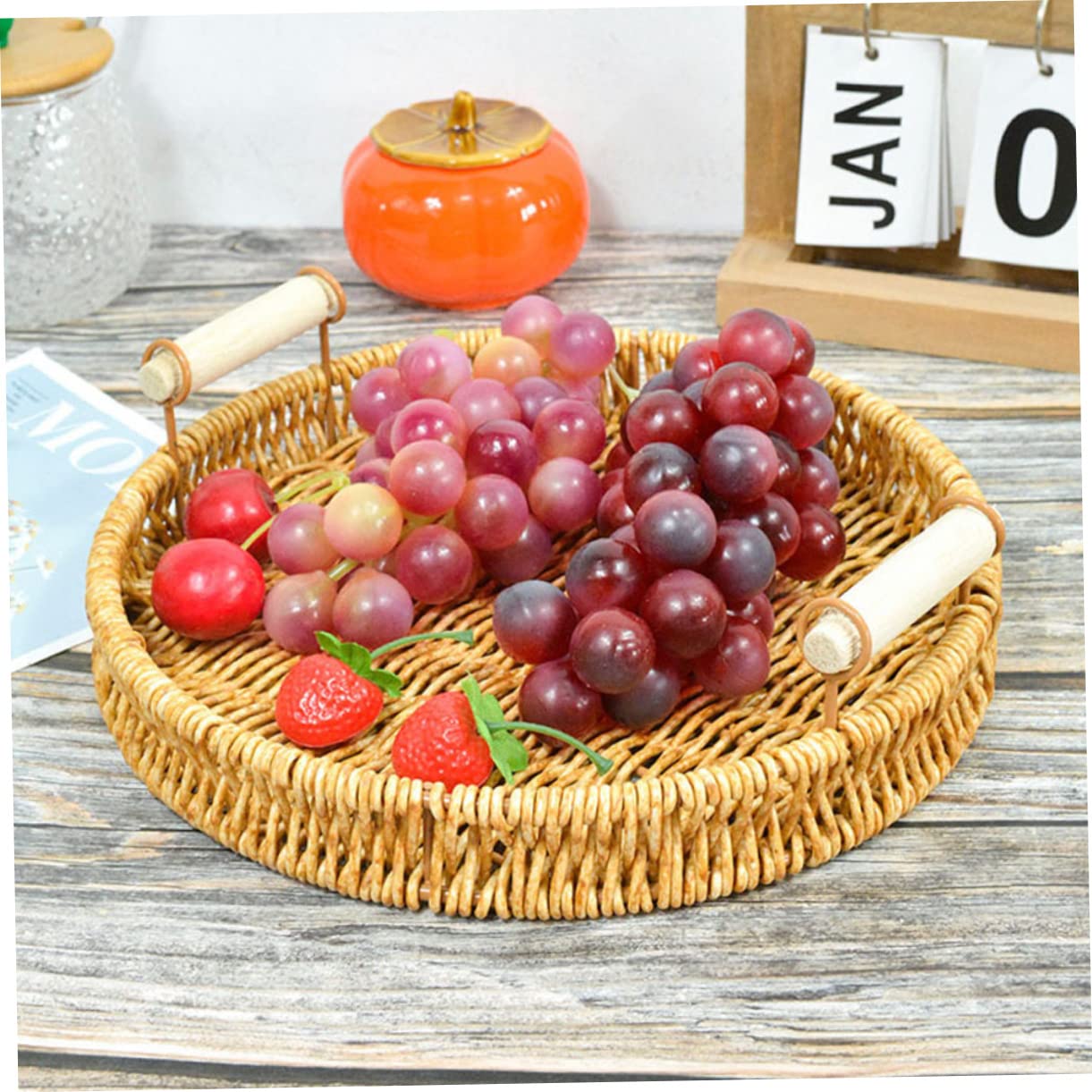 Fruit Snack Basket Decor Storage Baskets Silverware Woven Storage Basket Rattan Storage Basket Food Holder Sundries Holder Desktop Bread Serving Tray Woven Basket Pp Khaki BRIGHTFUFU