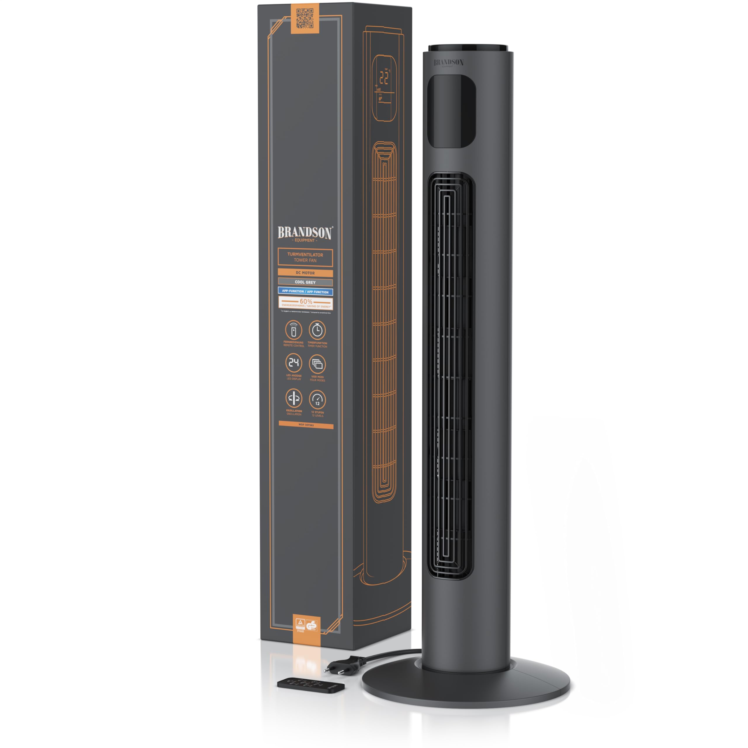 Brandson - Turmventilator ECO mit DC Motor - sehr leise – Wlan Smart Home mit App/WiFi Alexa Sprachsteuerung - mit Fernsteuerung – Sieger Ventilatoren und Luftkühler 2026 - Anthrazit