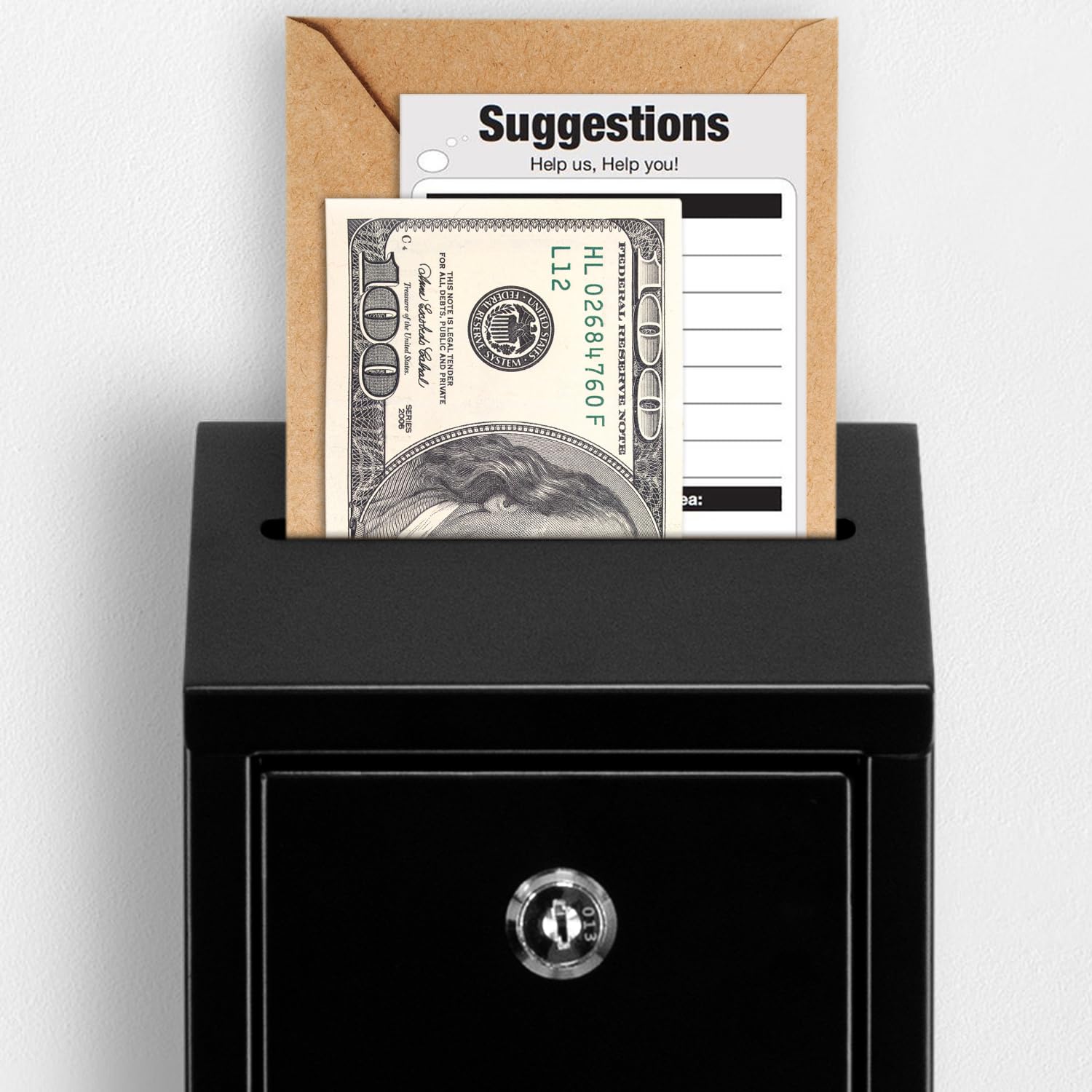 EIENHOSHI Caja de donación de metal con cerradura, montaje en pared, caja de sugerencias con 4 llaves de hierro, negro, caja de dinero con ranura, 1 paquete