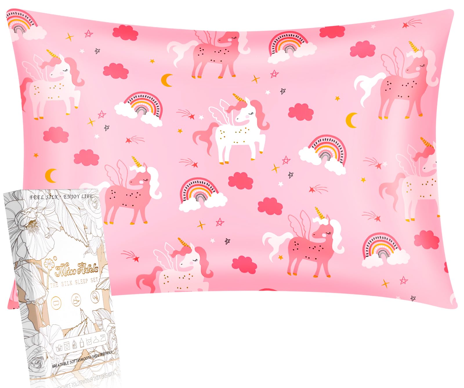 Miss Adola 1Pc Silk Pillowcase for Kids - 30"x20" Queen 19 Momme Mulberry Silk Pillow Case with Hidden Zipper for Hair and Skin, Cute Cartoon for Toddlers Teens Boys Girls, Rainbow Unicorn — image 1