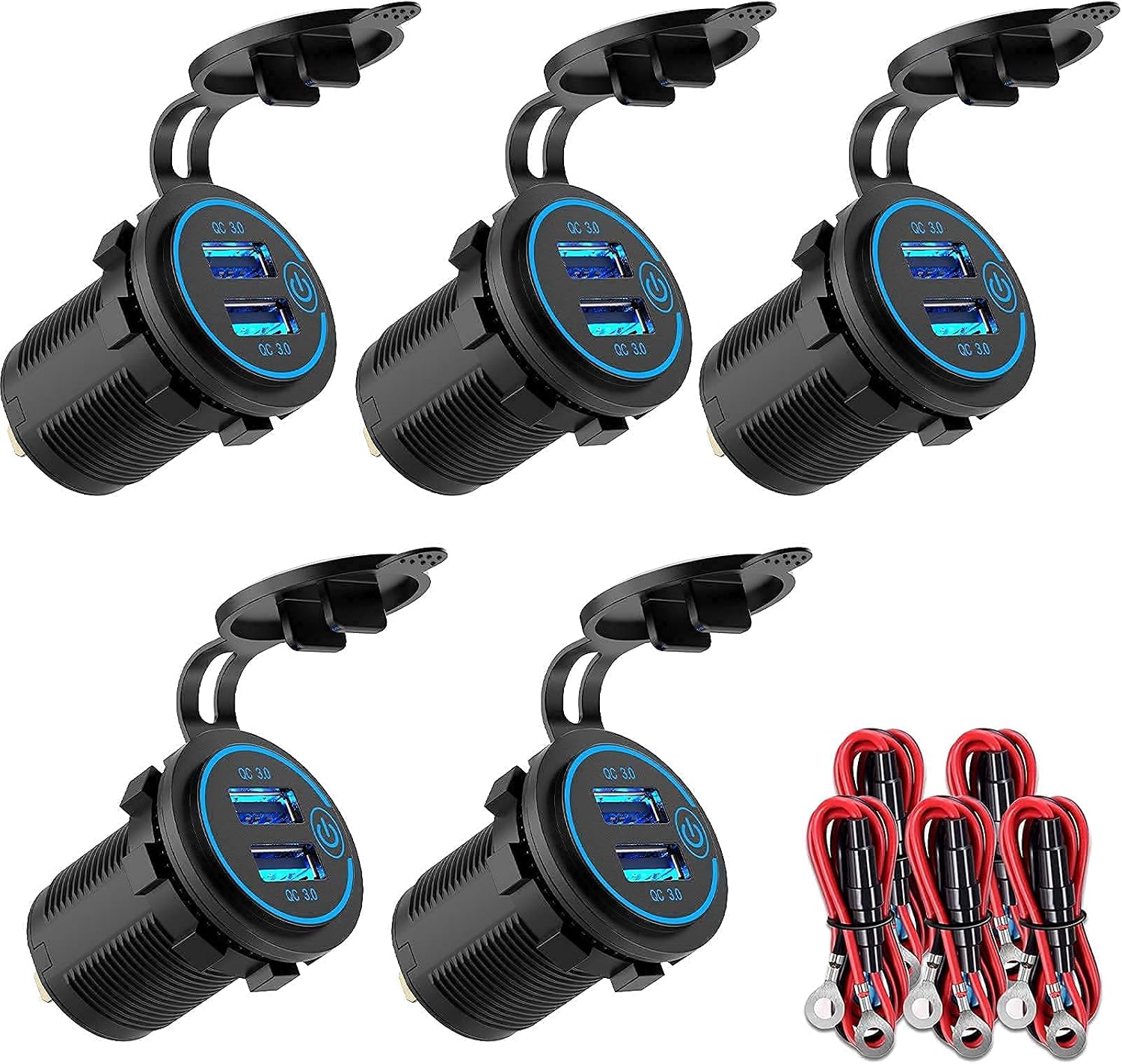 [ 5+2 Pack] Quick Charge 3.0 12V USB Outlet and [2 Pack] USB C Car Charger Socket,Waterproof Dual USB Charger Socket with Touch Switch DIY Kit for 12V/24V Car, Golf Cart, Boat, RV, Motorcycle, Truck image 3