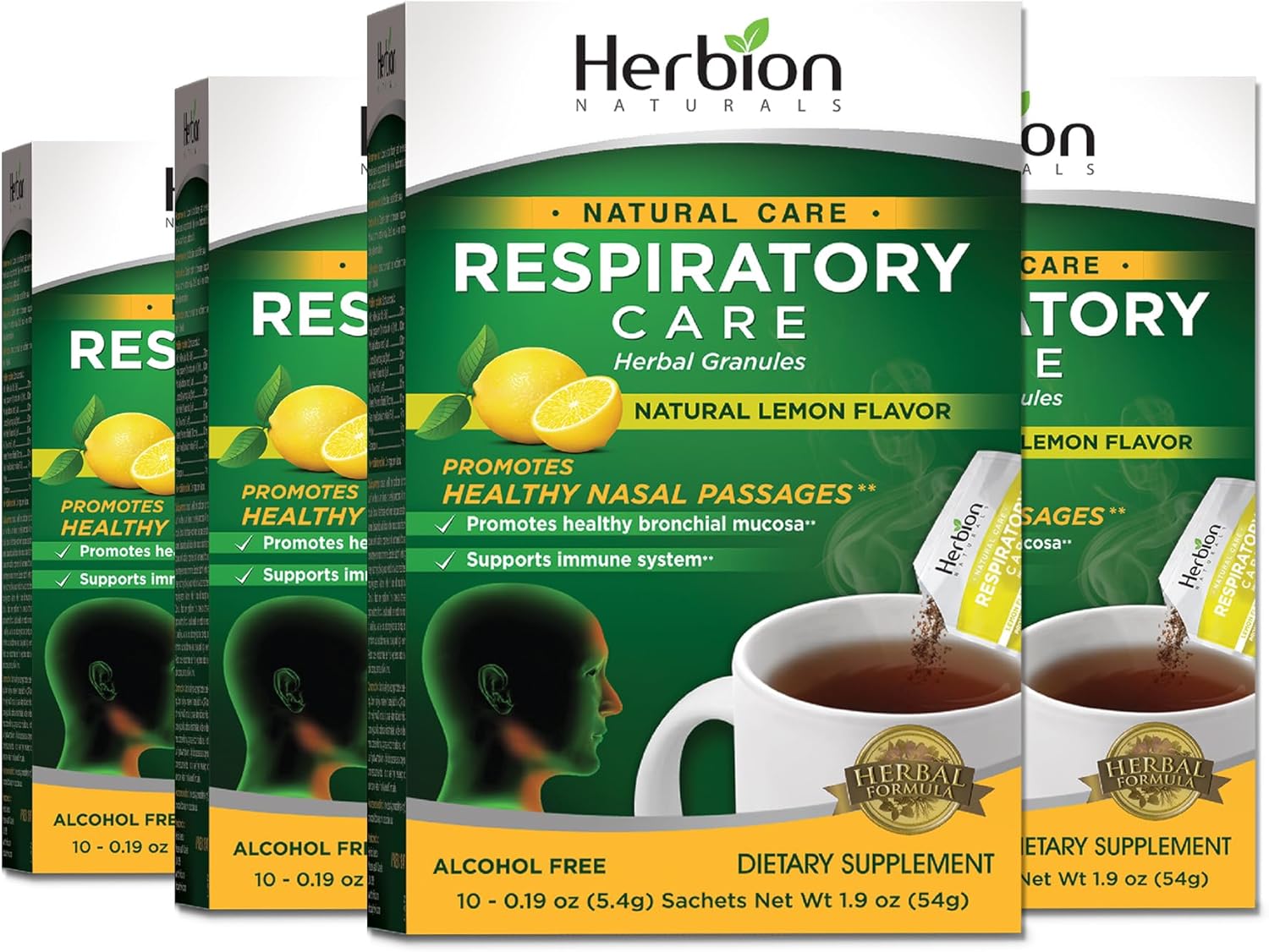 HERBION Naturals Respiratory Care Herbal Granules with Natural Lemon Flavor, 10 Ct, for The Whole Family, Healthy Respiratory Function-Relieves Cough, 40 Count, Pack of 4
