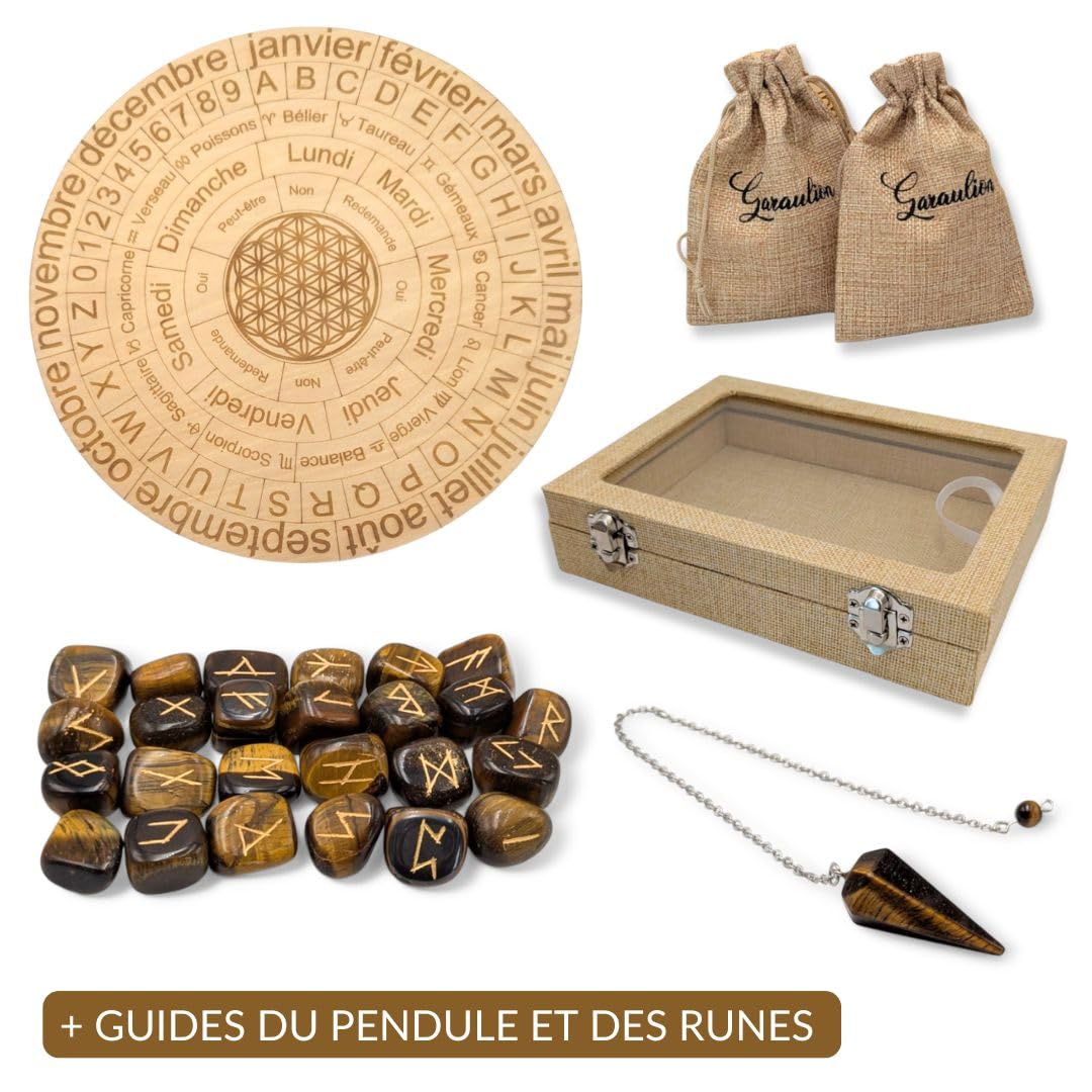 Coffret Divinatoire en Œil de Tigre – Pendule, Runes, Planche de Divination + 2 Guides PDF – Kit Intuition & Protection avec Pochettes et Coffret en Jute