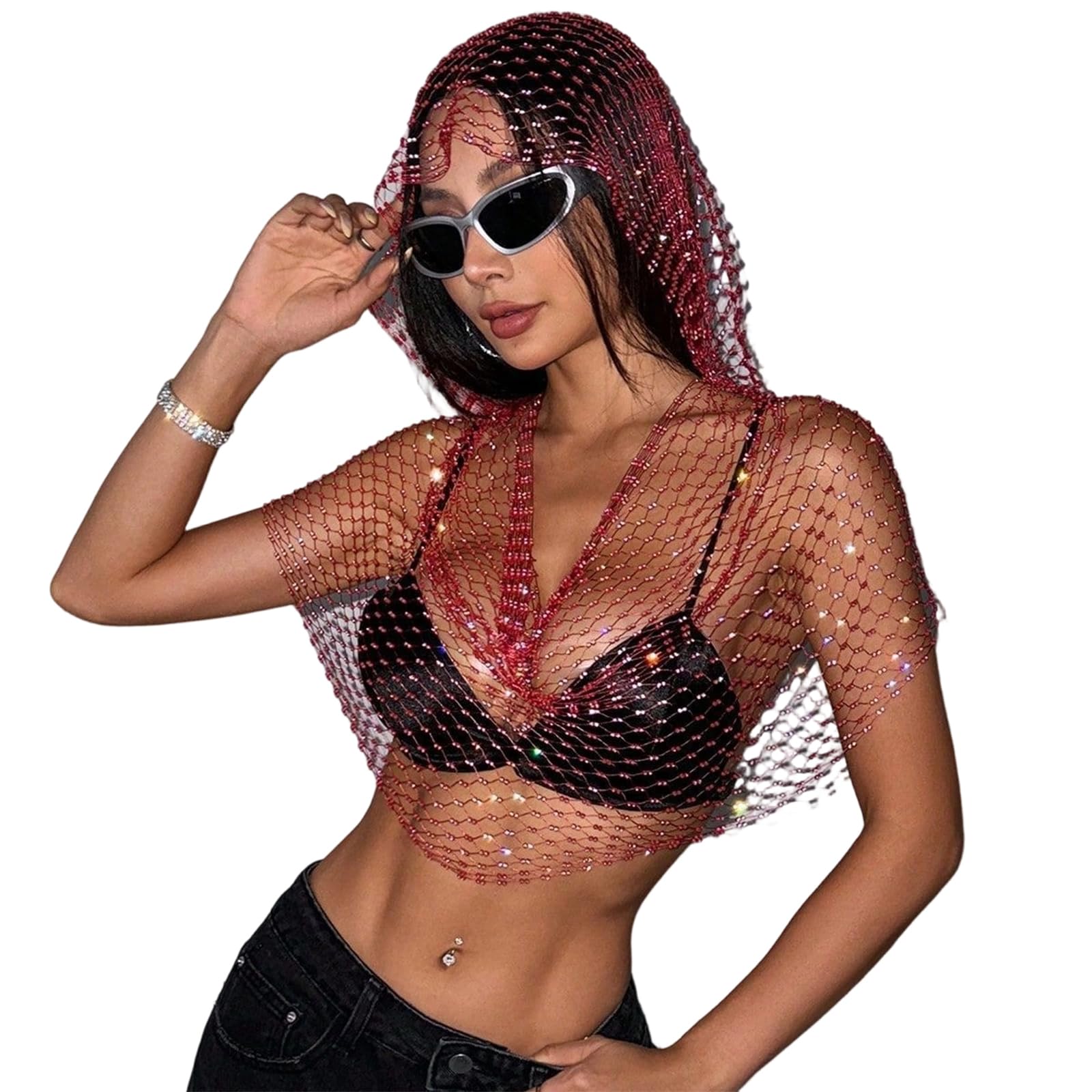 MICFENY Shimmering Hoodie with Rhinestones Decors Fishnets Hooded Cap Hollowed Tanks For Concerts And Daily Night Club Wear